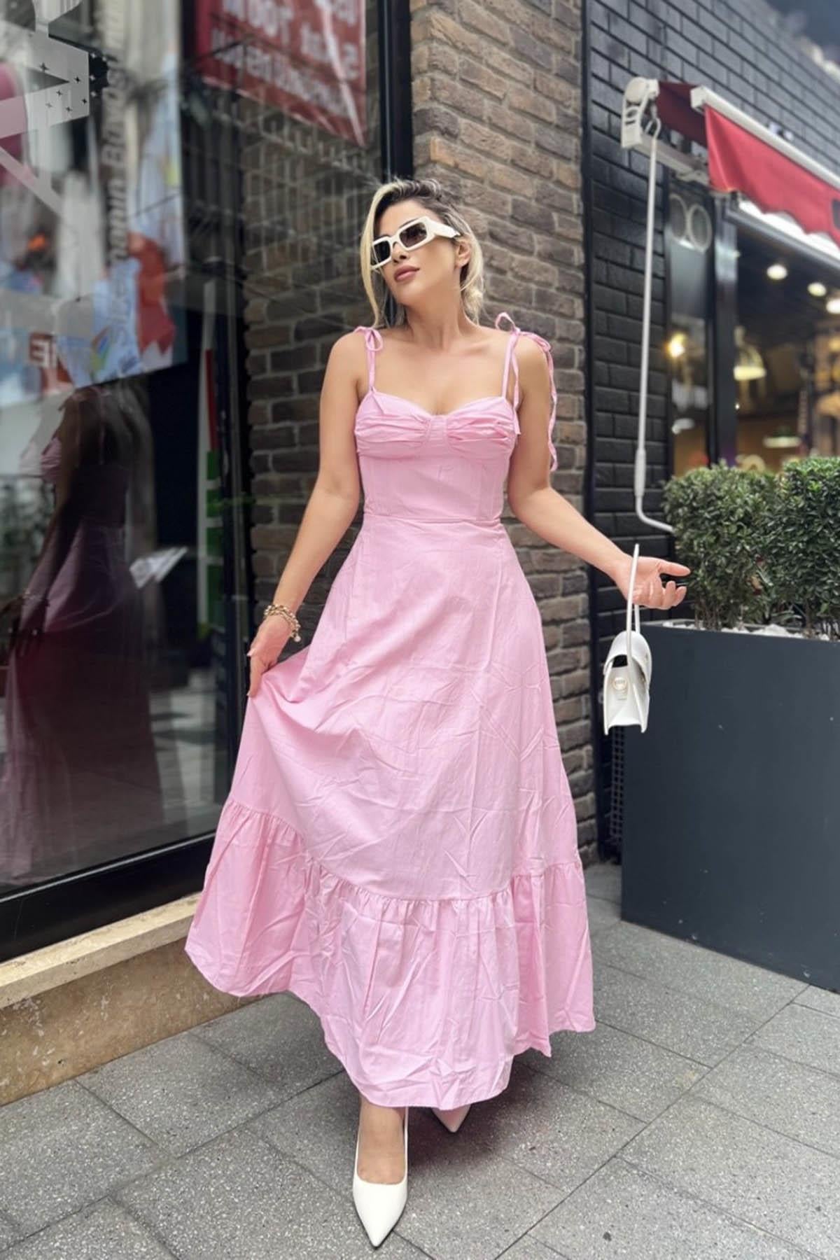 Eswomes Askısı Bağlam Detay Uzun Elbise Pembe