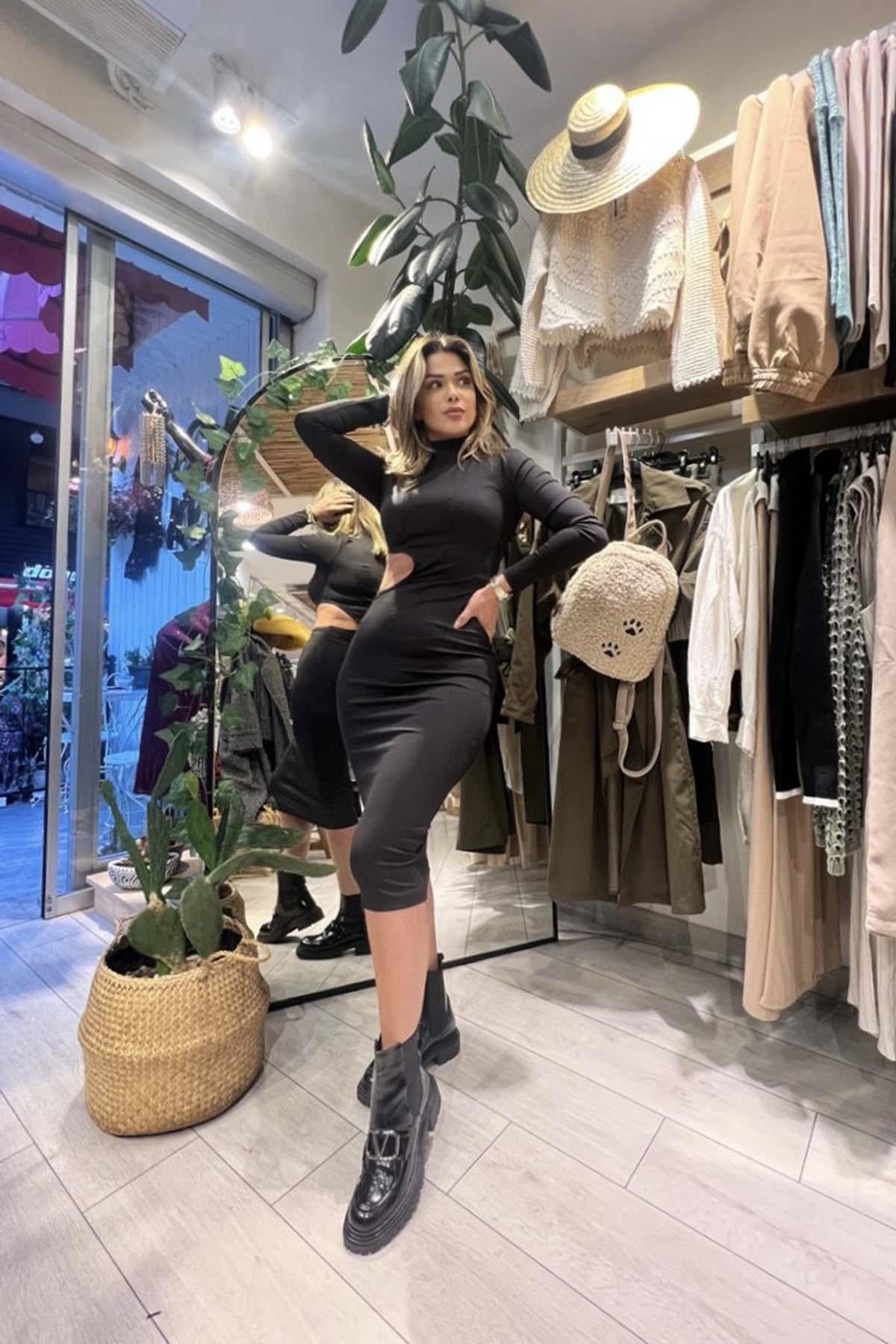 Eswomes Bel Pencereli Uzun Kol Elbise Siyah