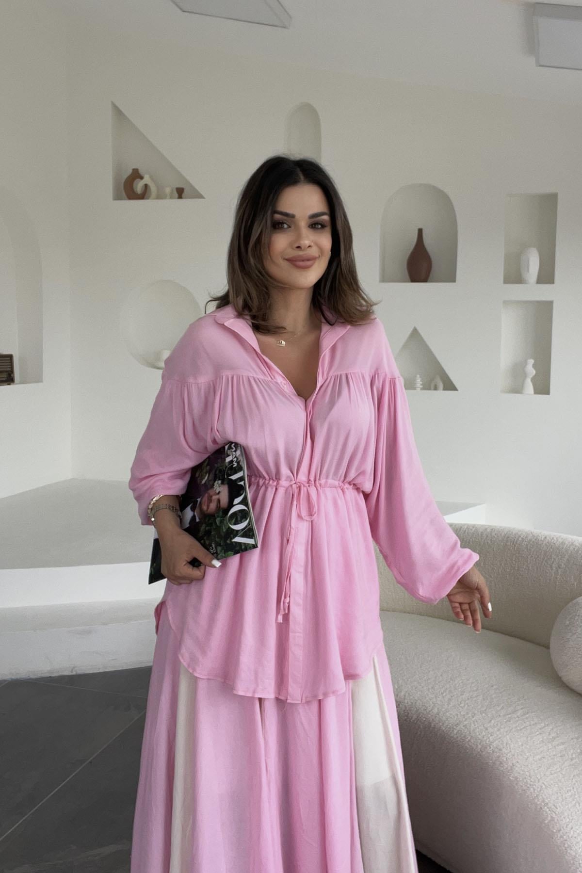 Eswomes Beli İpli Uzun Keten Gömlek Pembe