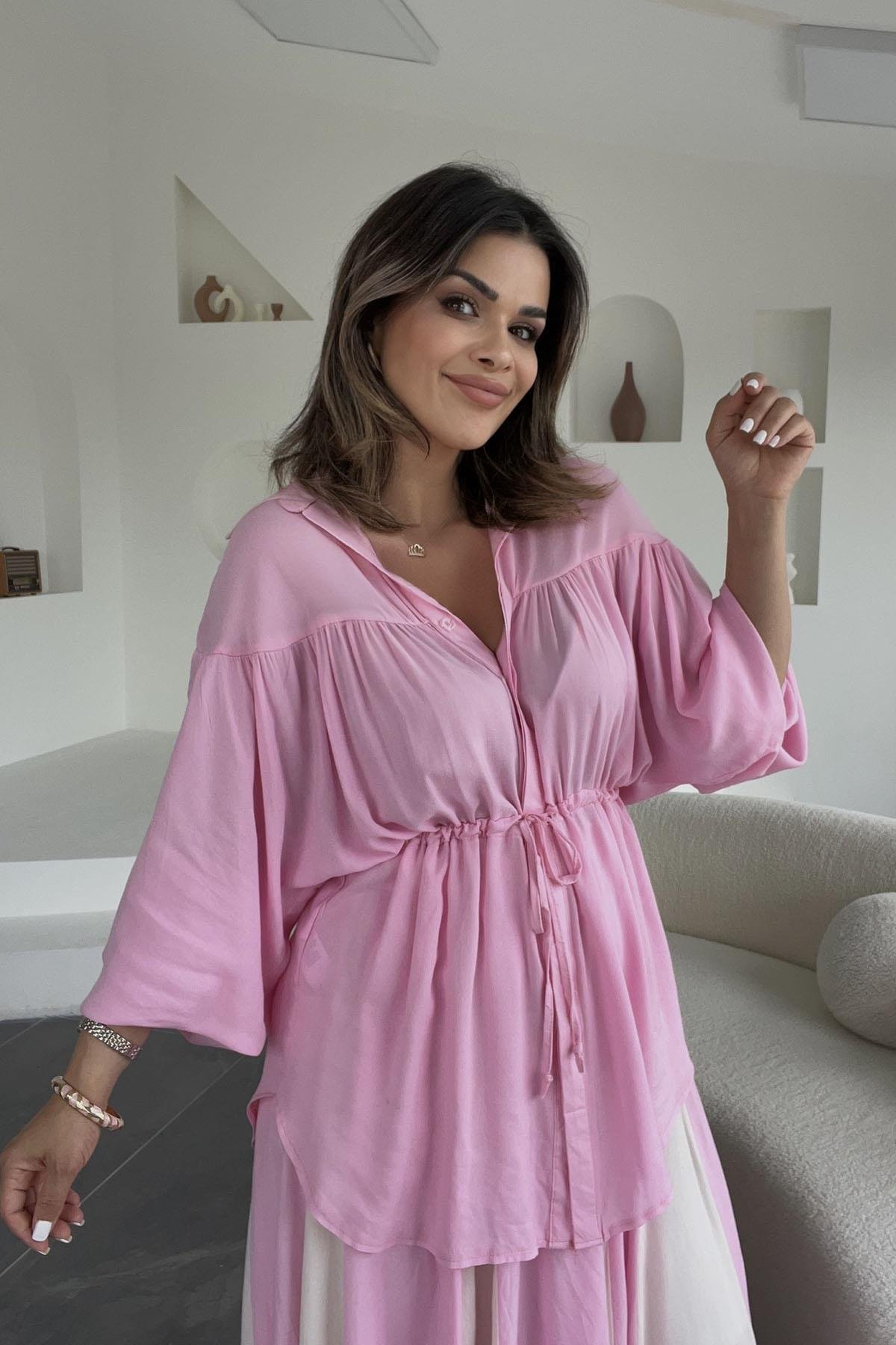Eswomes Beli İpli Uzun Keten Gömlek Pembe