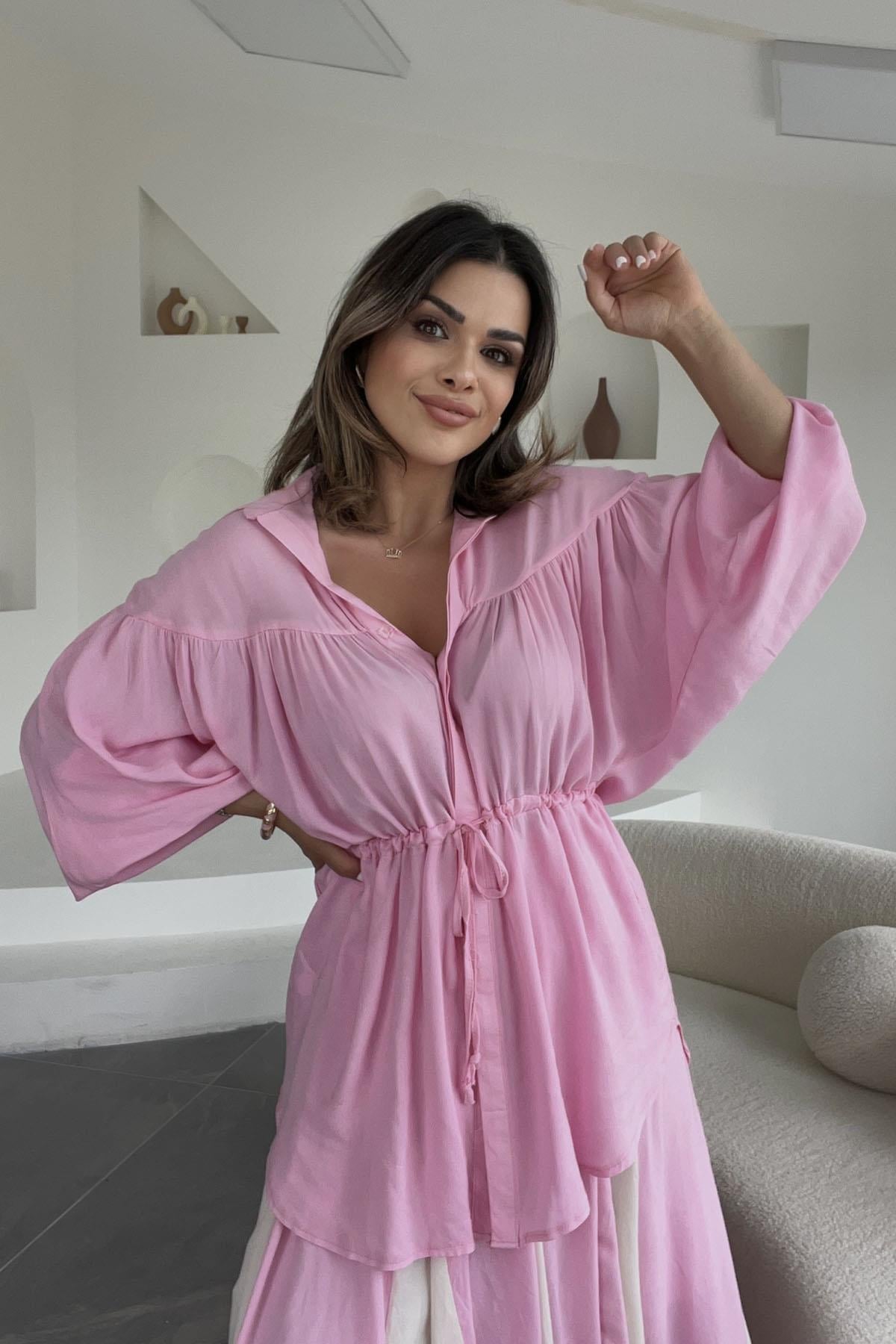 Eswomes Beli İpli Uzun Keten Gömlek Pembe