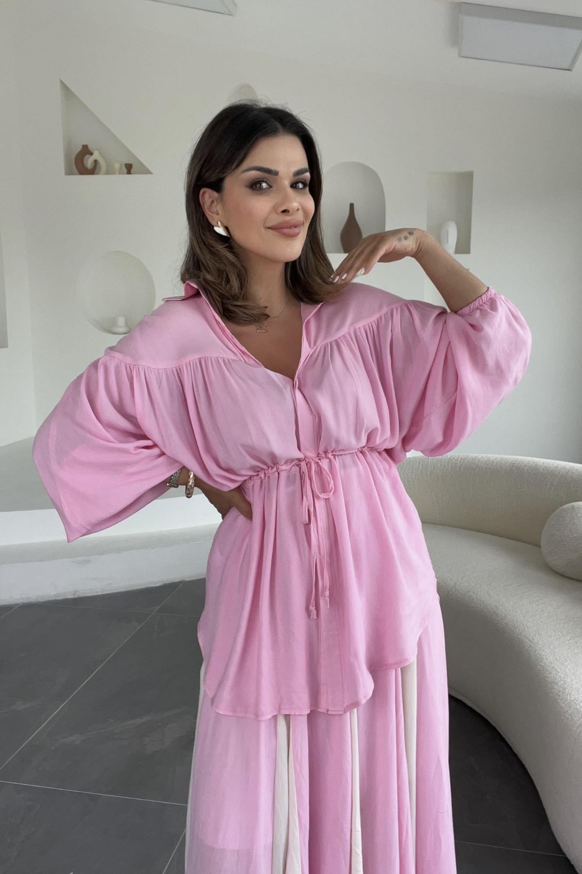 Eswomes Beli İpli Uzun Keten Gömlek Pembe