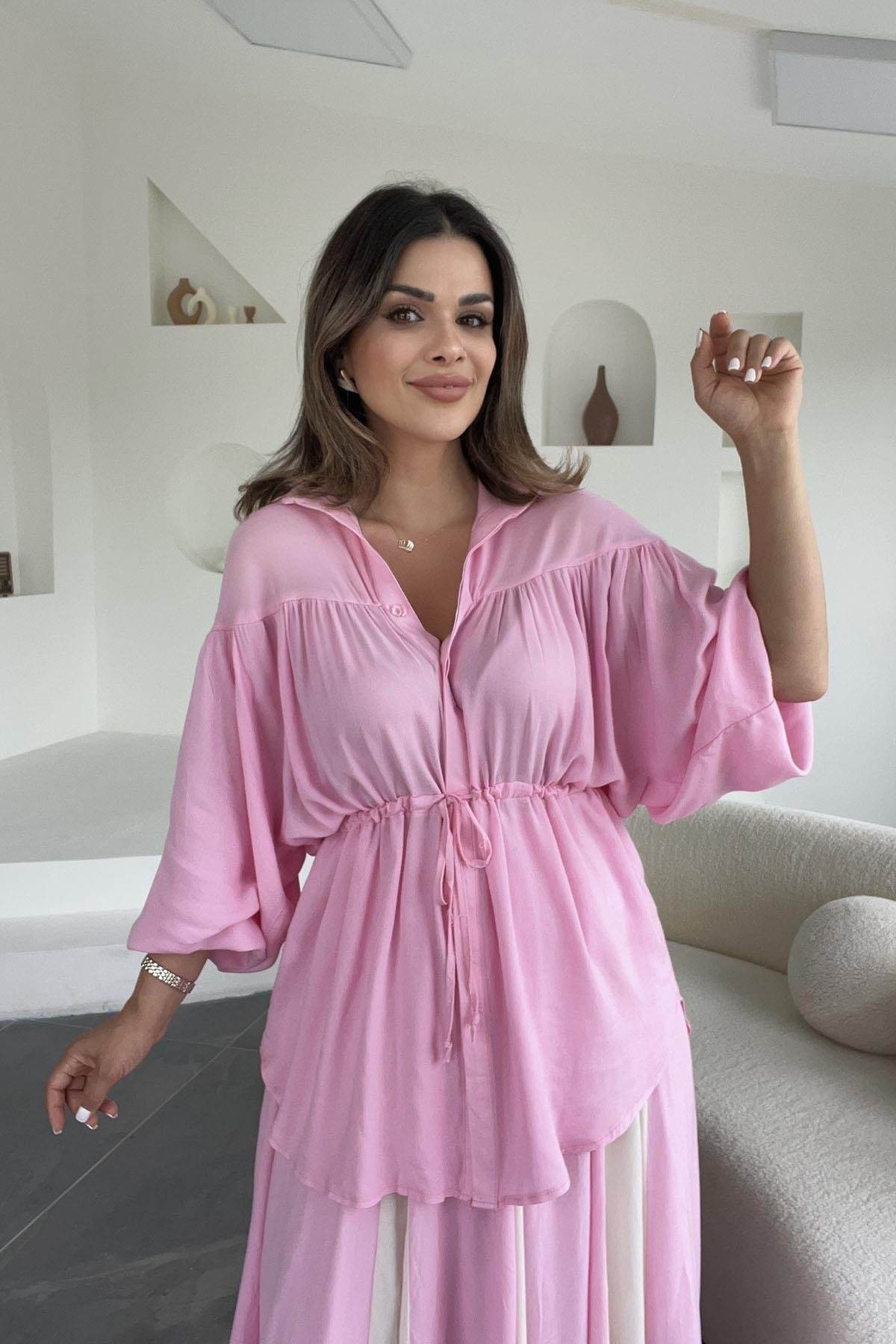 Eswomes Beli İpli Uzun Keten Gömlek Pembe