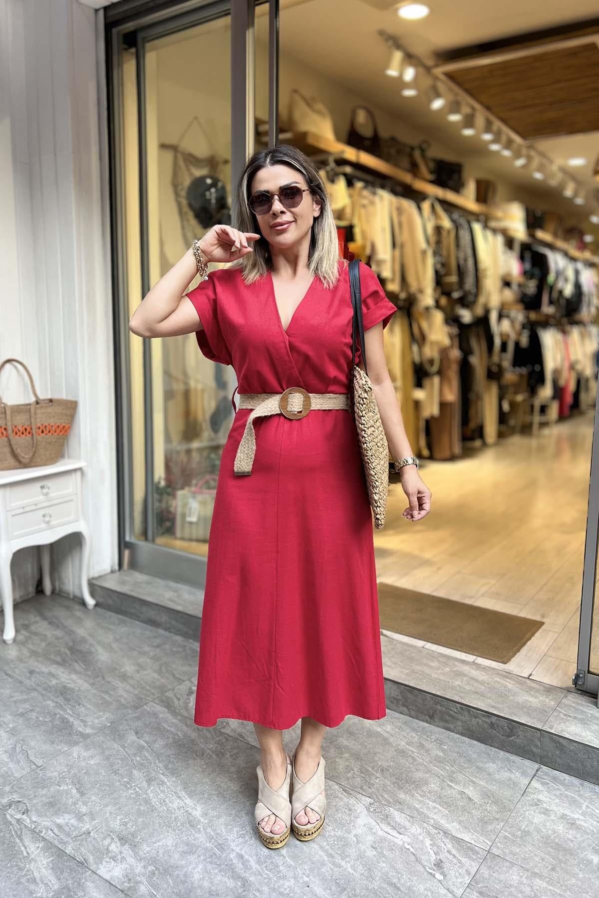 Eswomes Beli Lastikli Kısa Kloş Kruvaze Elbise Kırmızı
