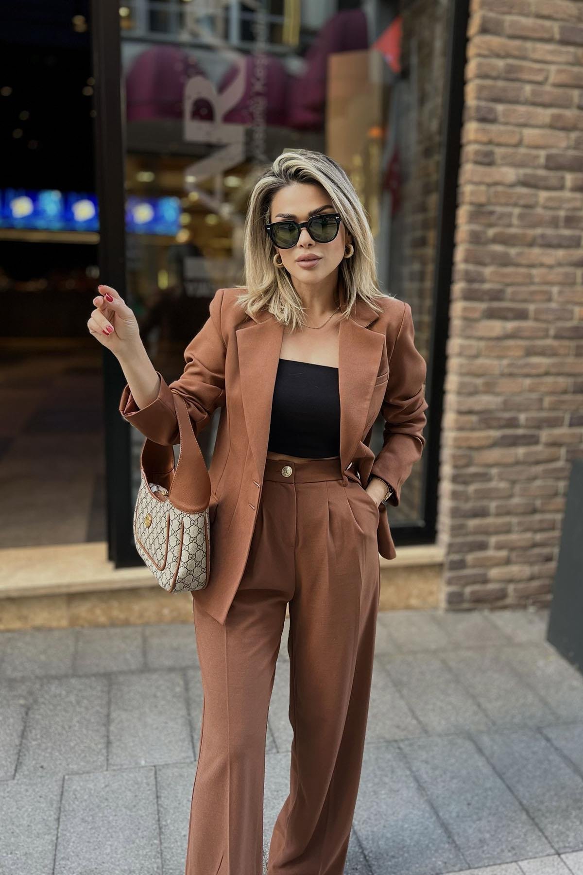 Eswomes Blazer Ceket & Palazzo Pantolon Takım Kahverengi