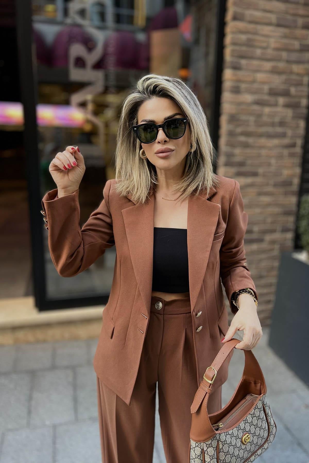 Eswomes Blazer Ceket & Palazzo Pantolon Takım Kahverengi