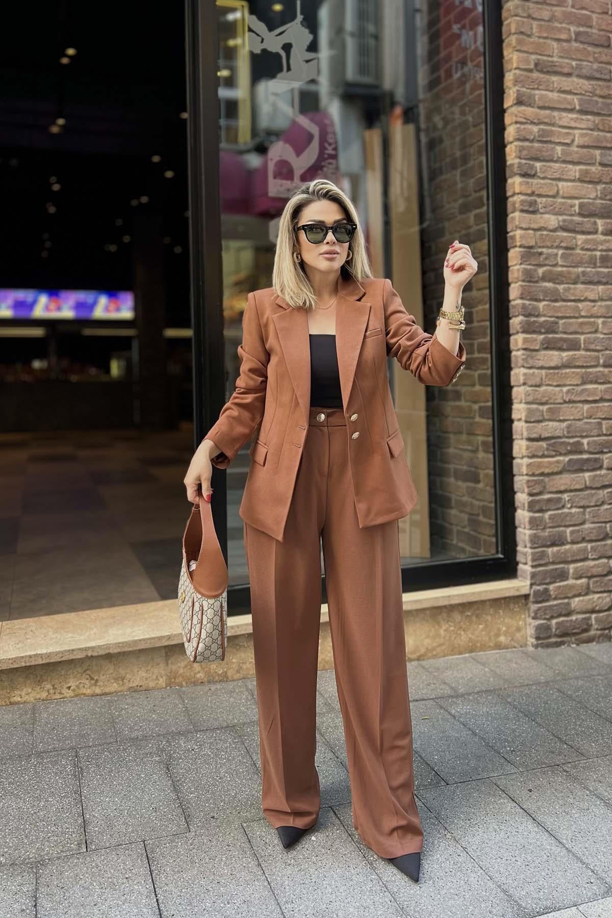 Eswomes Blazer Ceket & Palazzo Pantolon Takım Kahverengi
