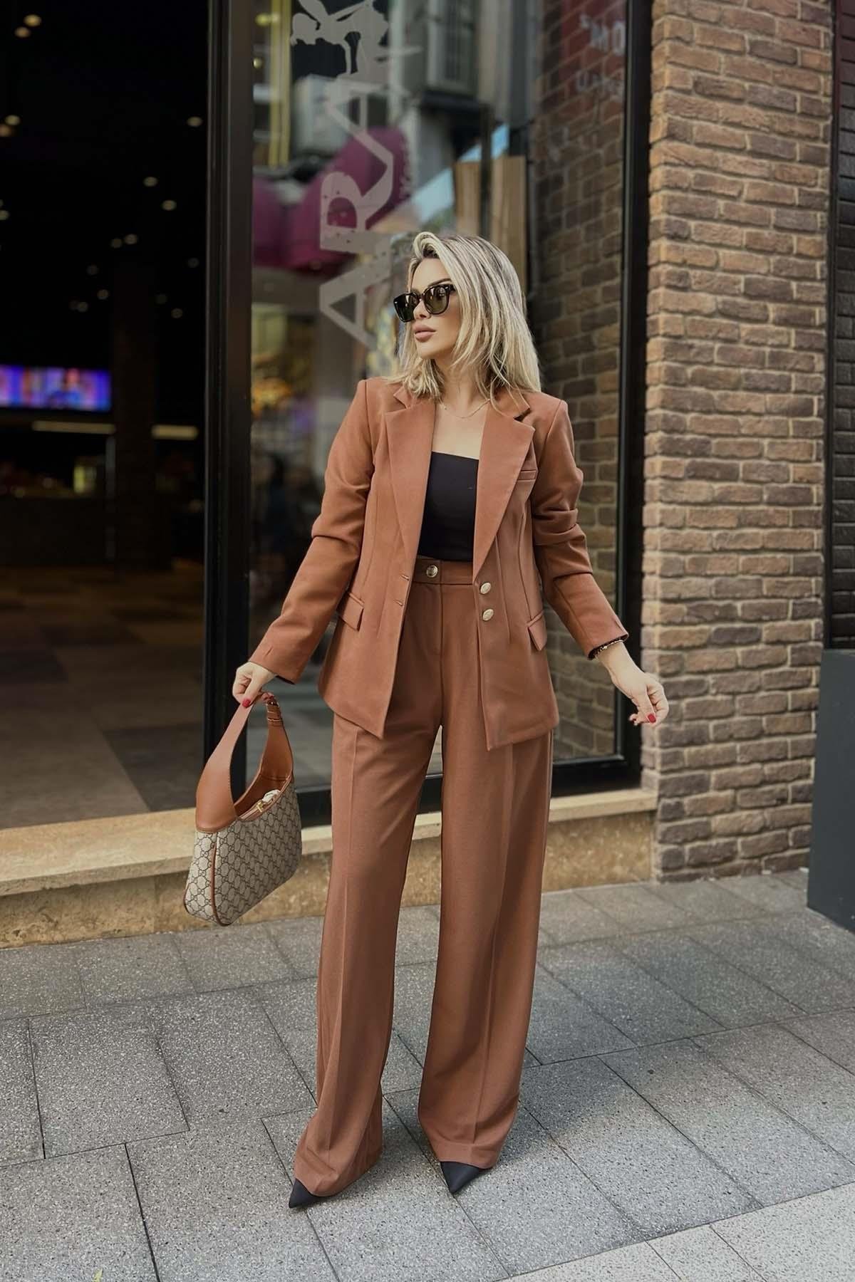 Eswomes Blazer Ceket & Palazzo Pantolon Takım Kahverengi