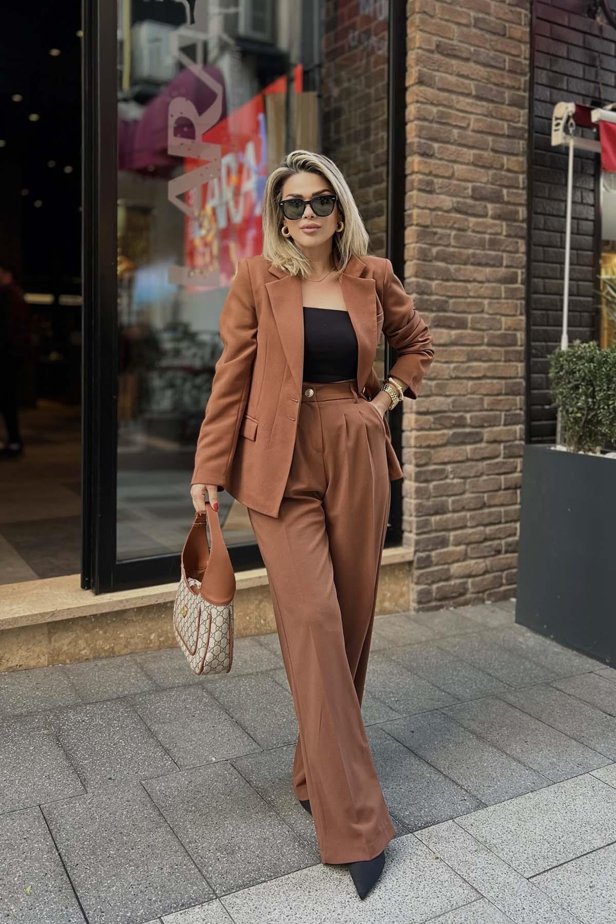 Eswomes Blazer Ceket & Palazzo Pantolon Takım Kahverengi