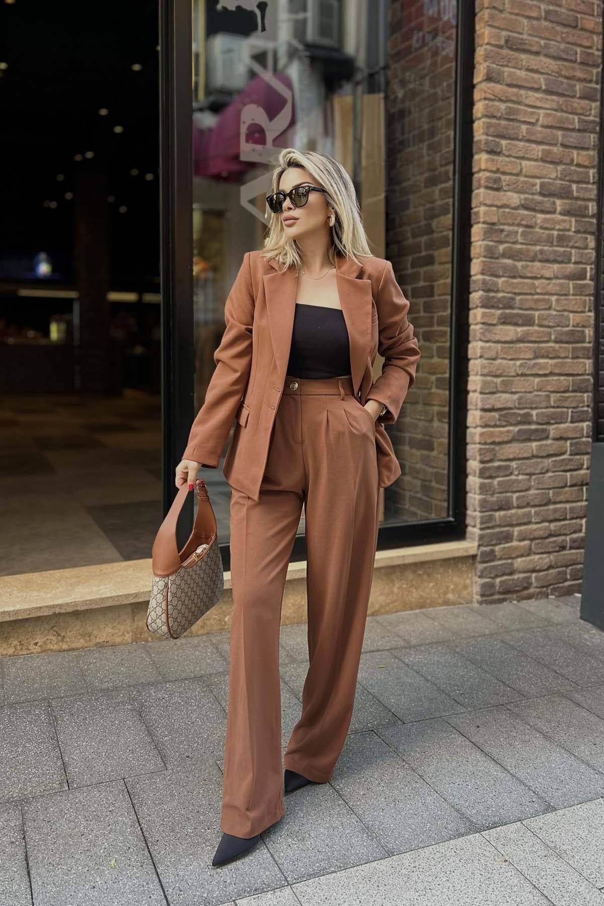 Eswomes Blazer Ceket & Palazzo Pantolon Takım Kahverengi