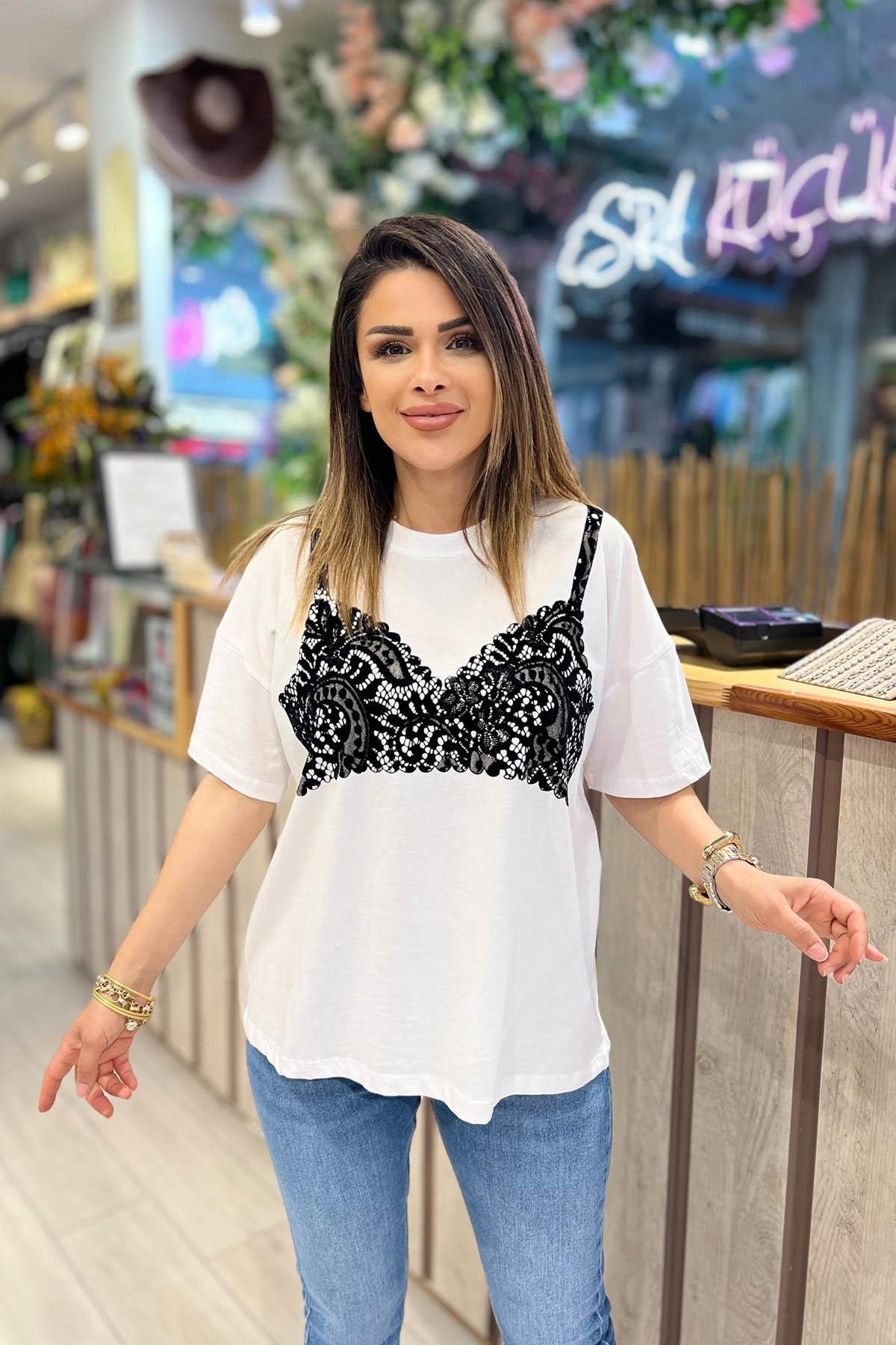Eswomes Büstiyer Baskılı T-shirt Beyaz