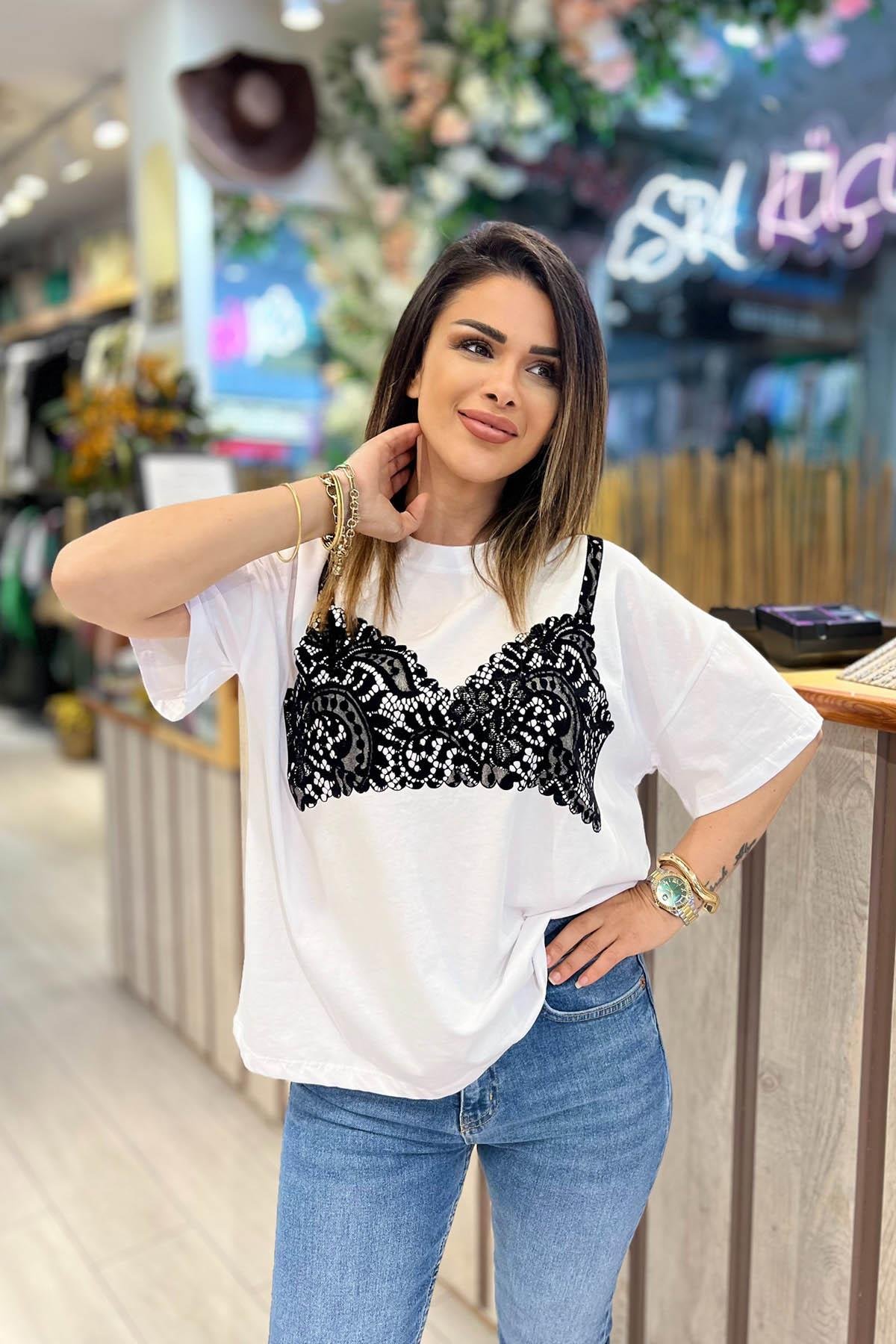 Eswomes Büstiyer Baskılı T-shirt Beyaz
