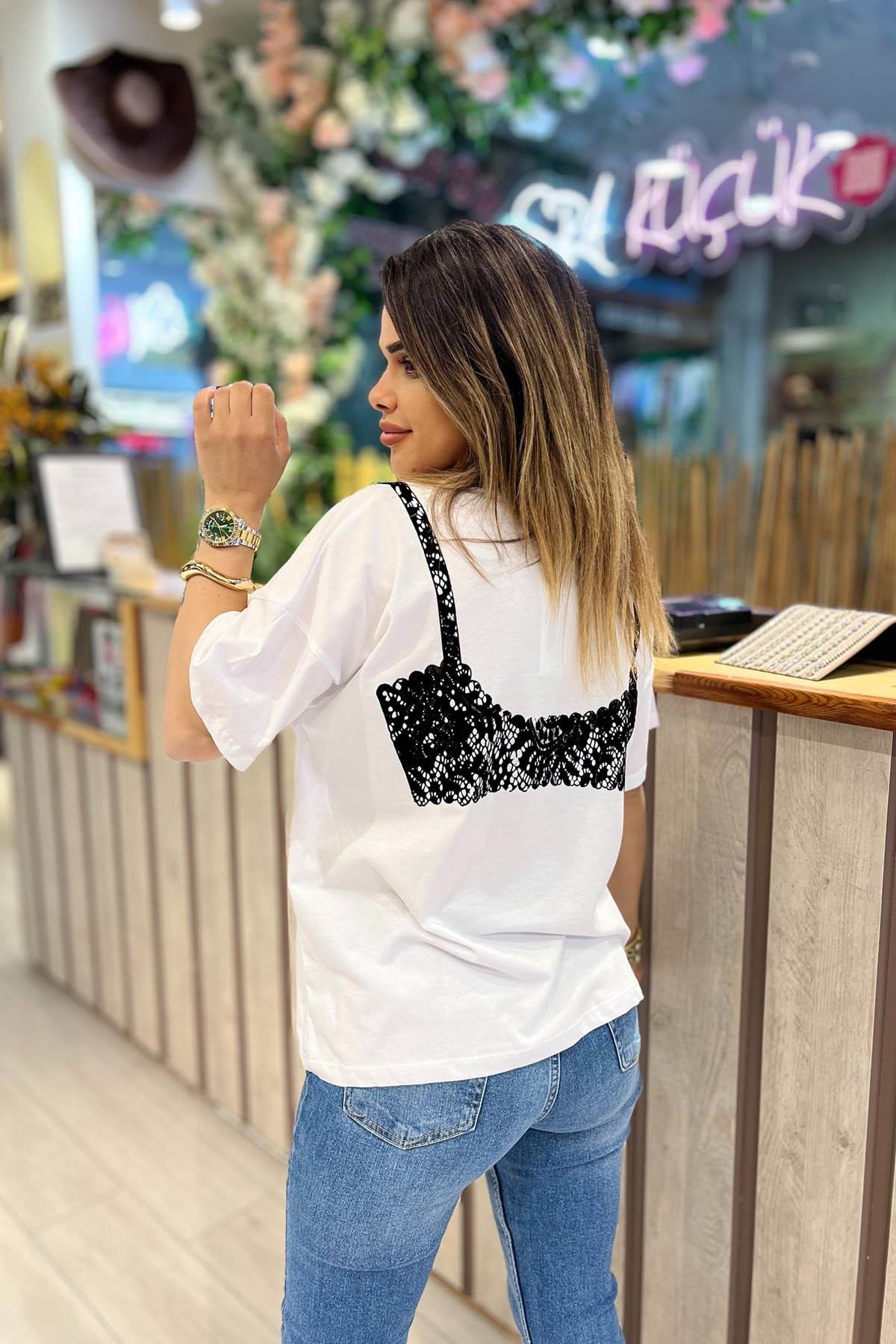 Eswomes Büstiyer Baskılı T-shirt Beyaz