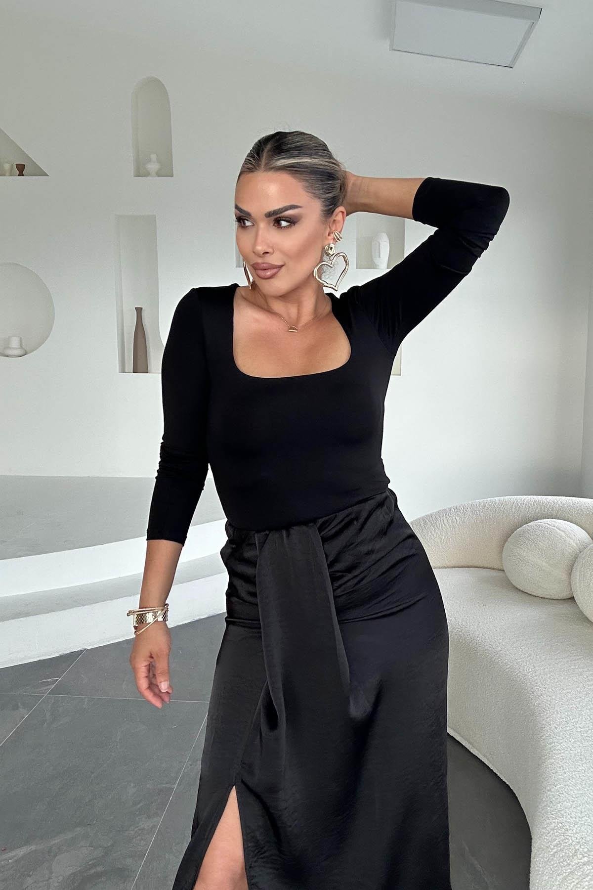 Eswomes Büzgü Detay Yırtmaçl Saten Etek Siyah