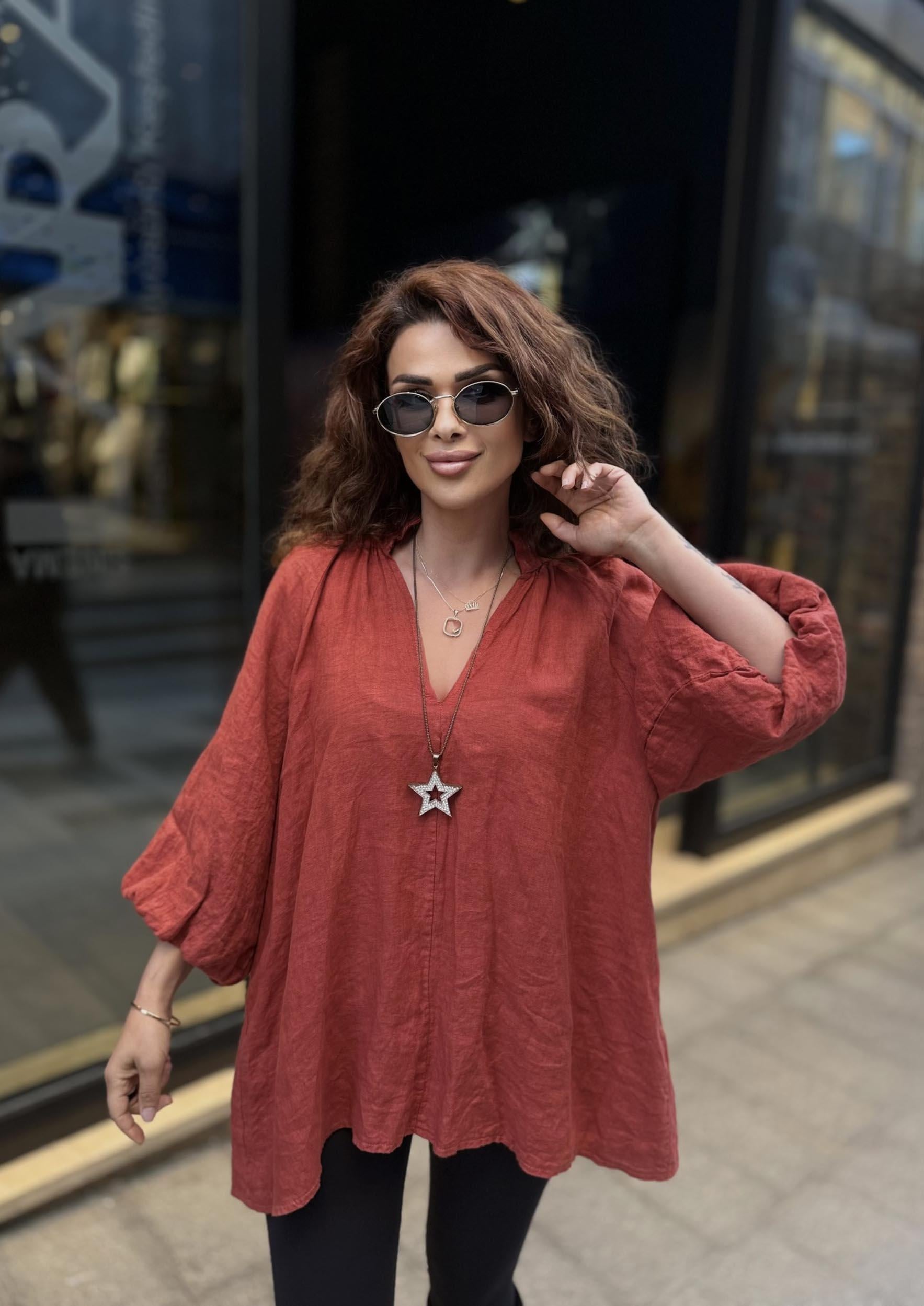 Eswomes Büzgülü V Yaka Keten Bluz Kiremit