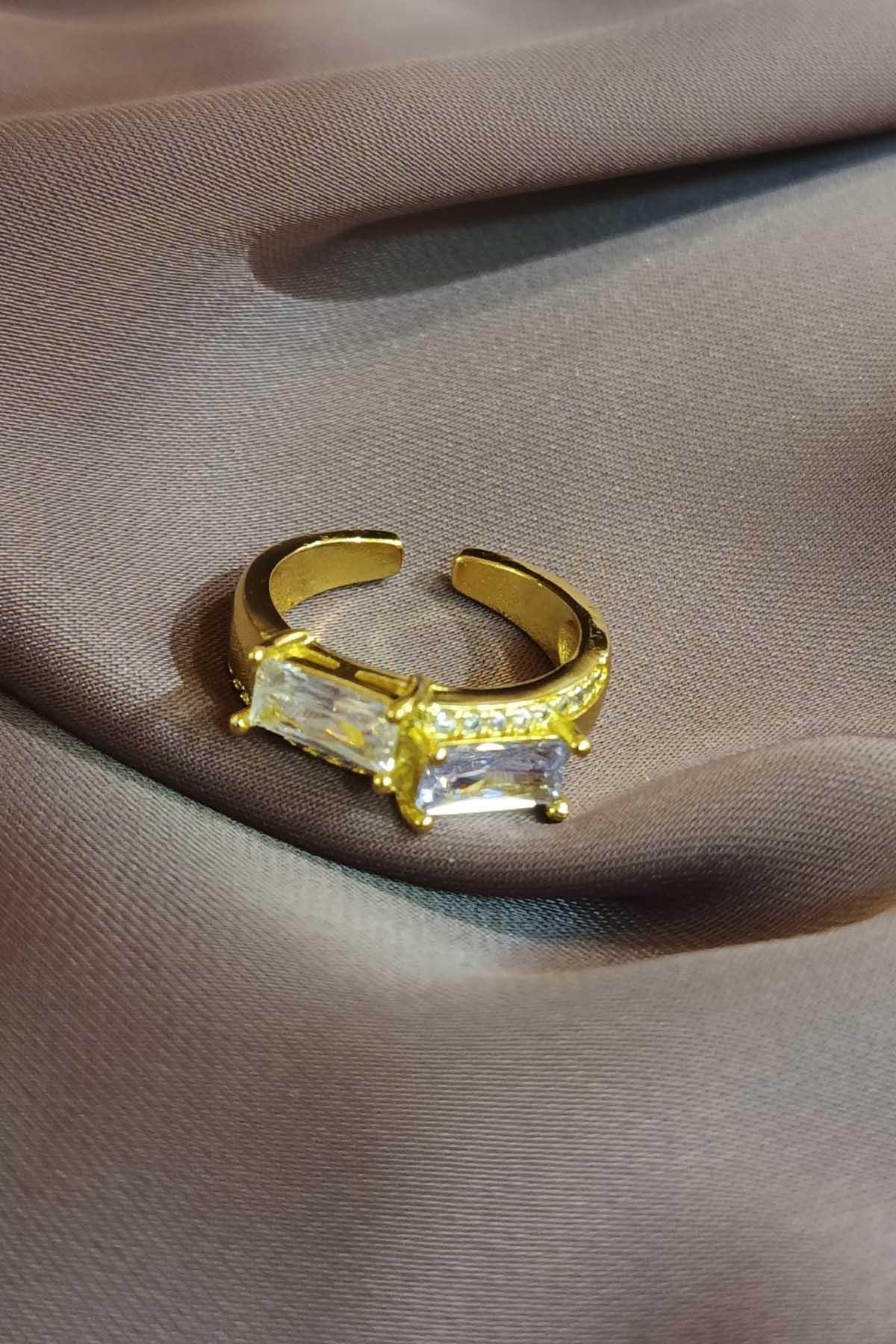 Eswomes Çift Baget Taşlı Çelik Yüzük Gold