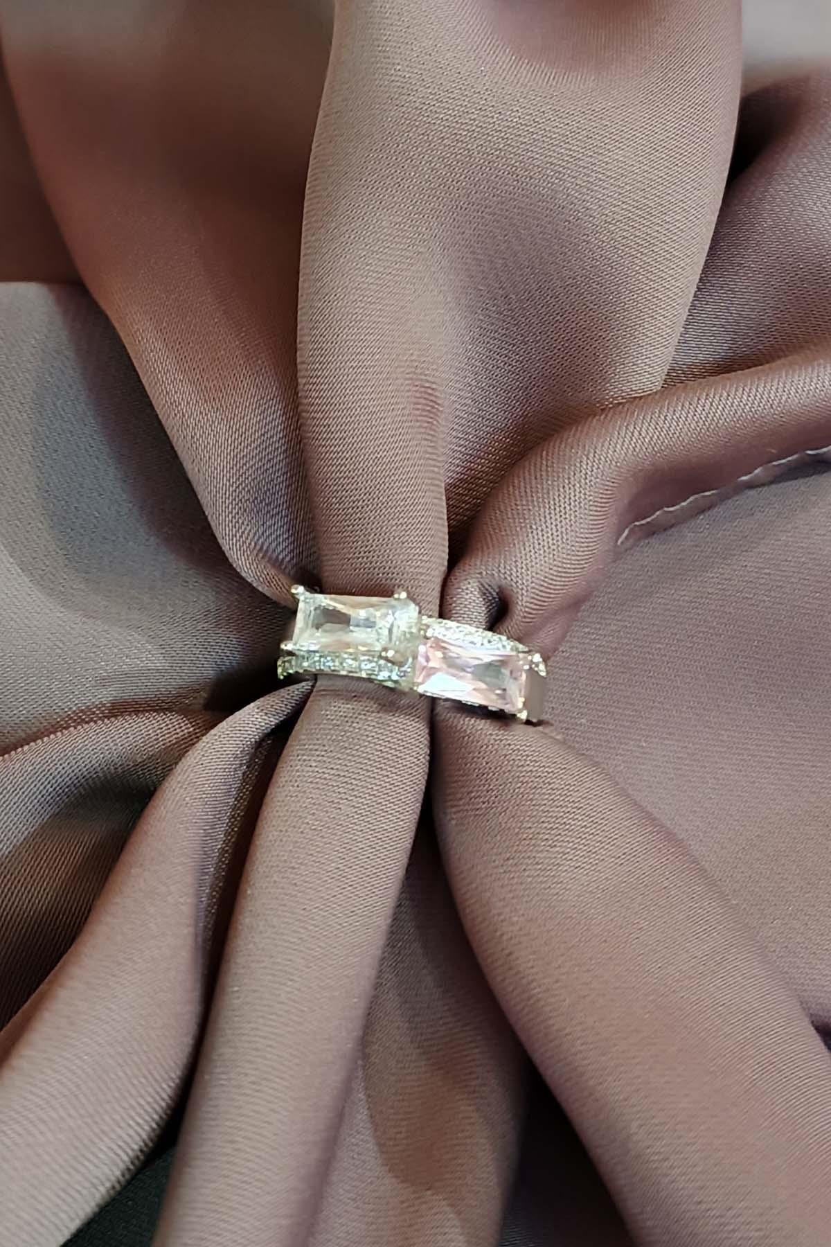 Eswomes Çift Baget Taşlı Çelik Yüzük Gümüş