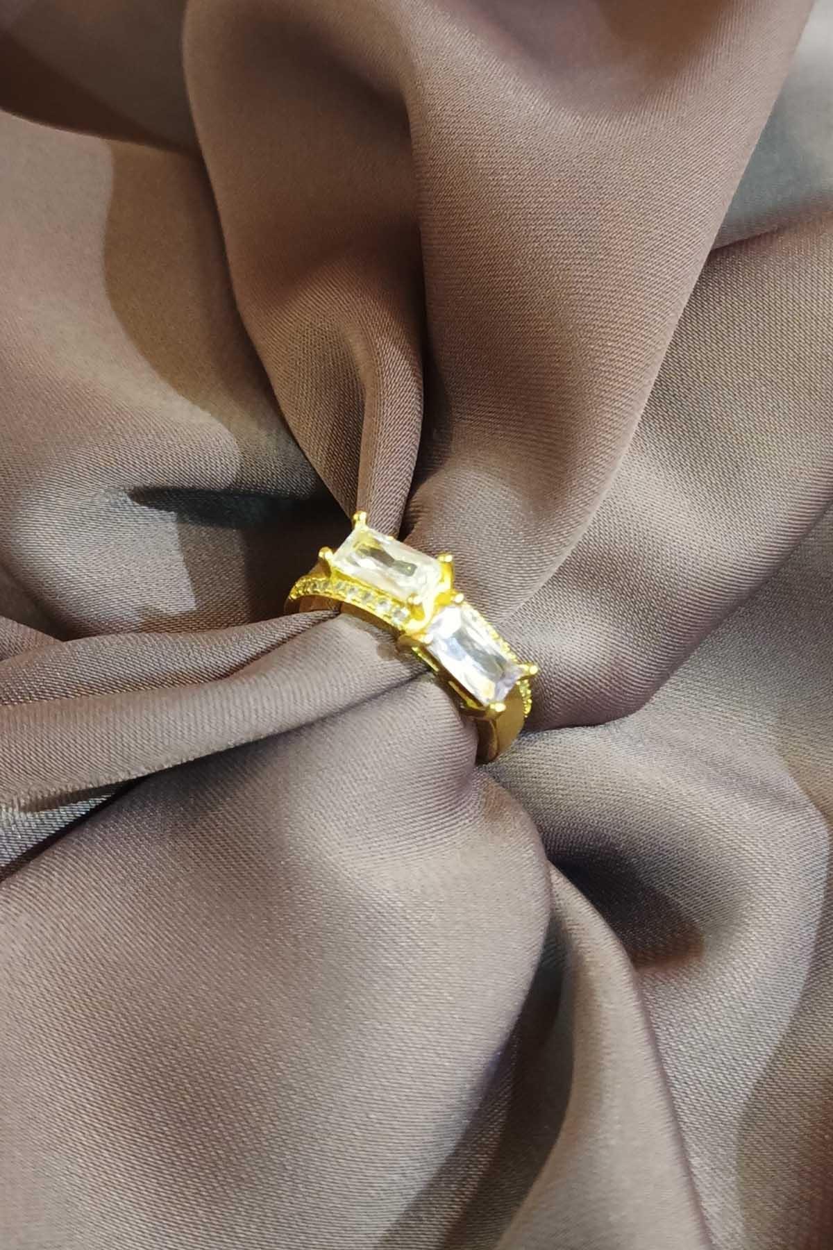Eswomes Çift Baget Taşlı Çelik Yüzük Gold