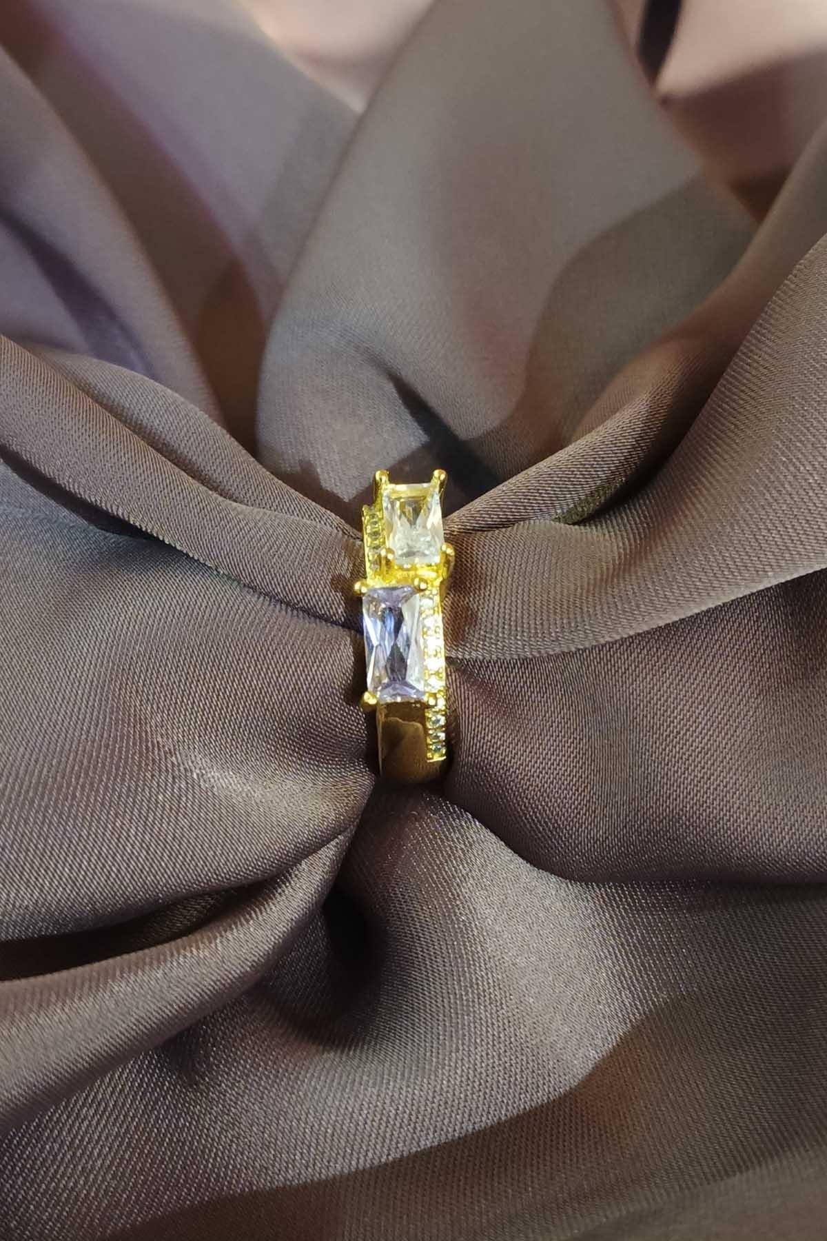 Eswomes Çift Baget Taşlı Çelik Yüzük Gold