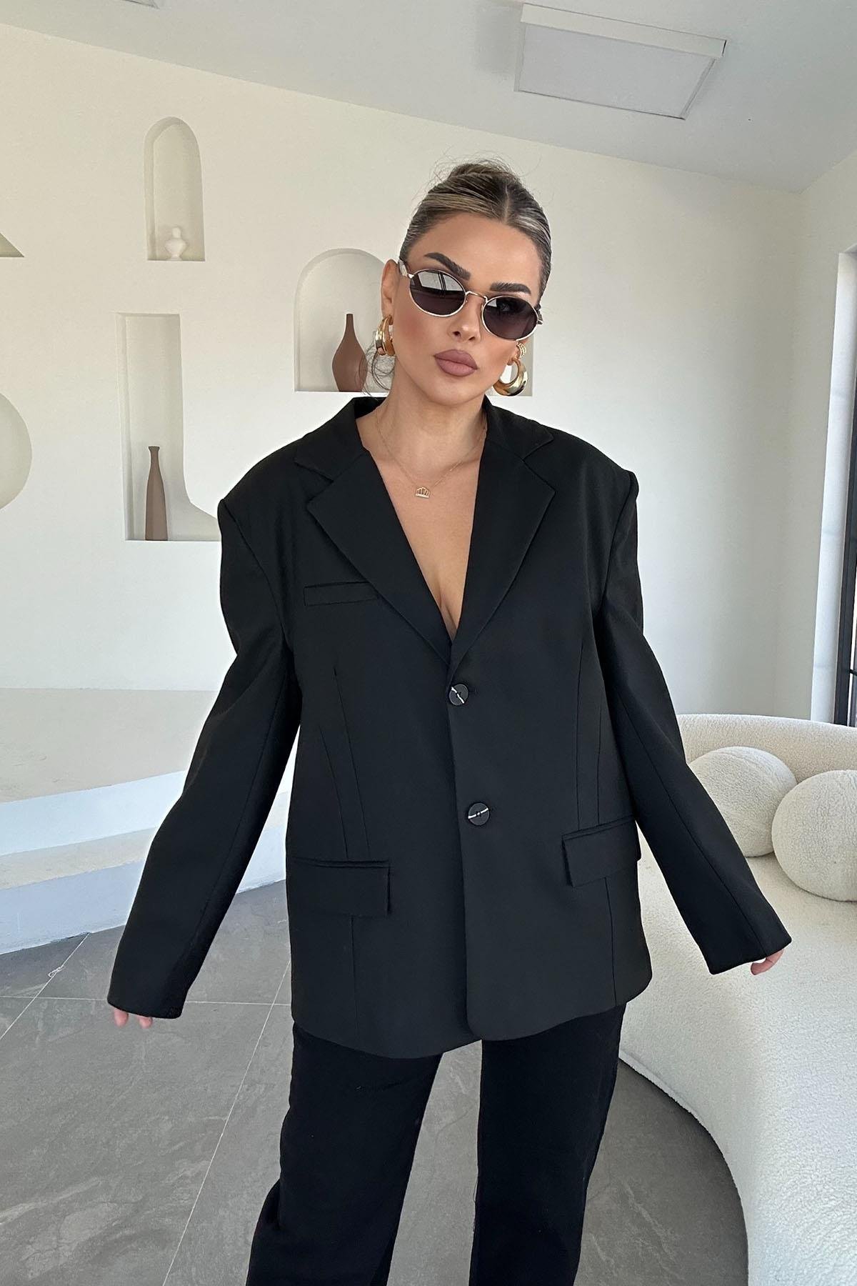 Eswomes Çift Düğmeli Blazer Ceket Siyah