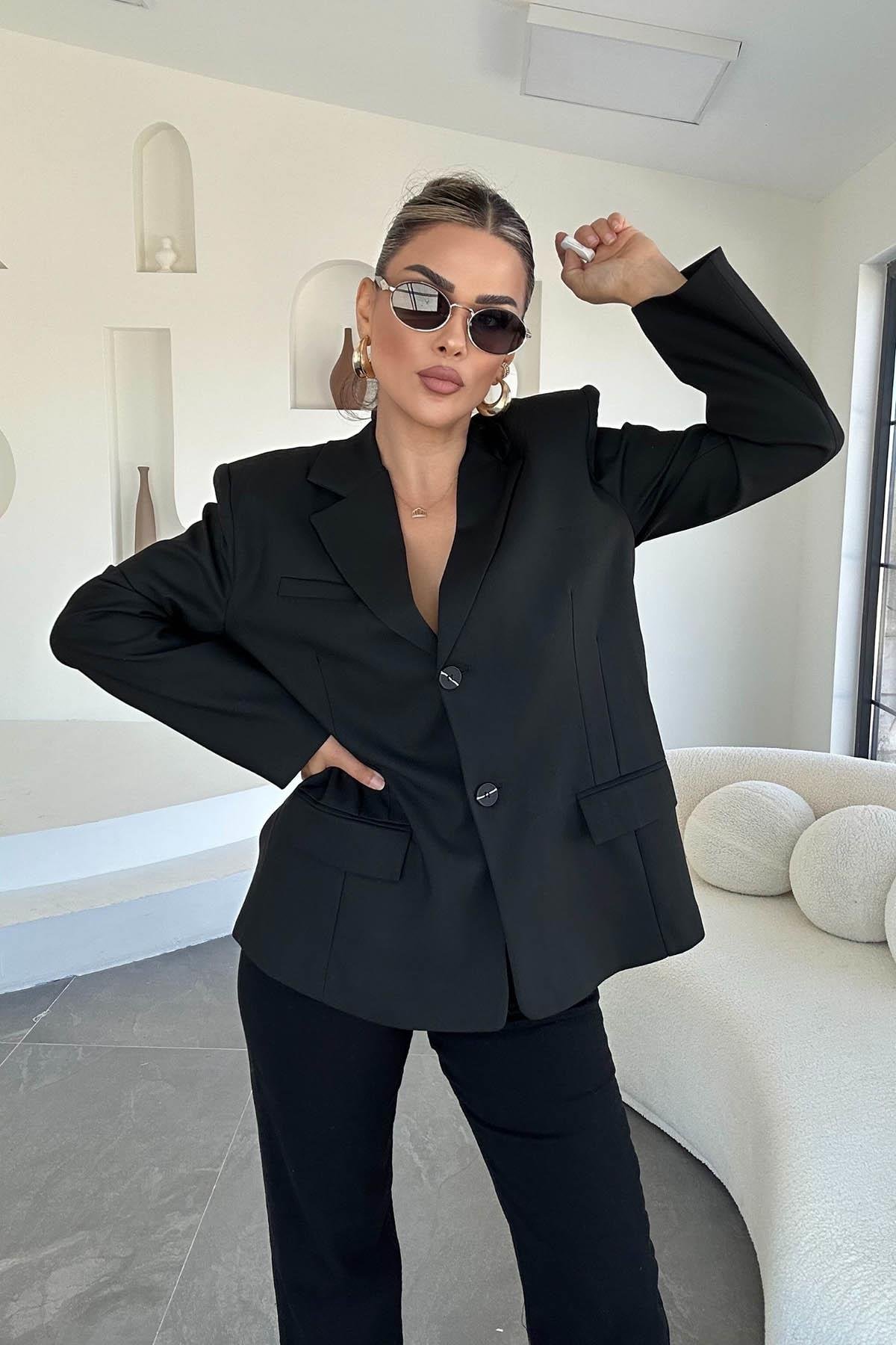 Eswomes Çift Düğmeli Blazer Ceket Siyah