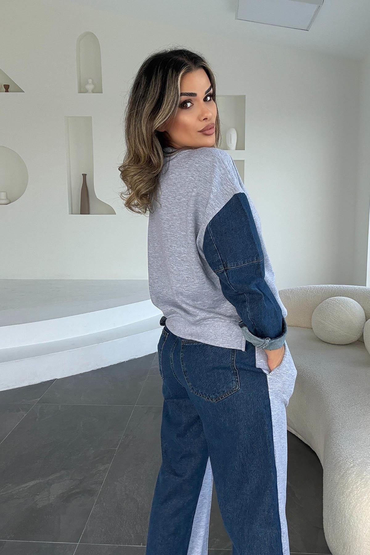 Eswomes Denim Detay Joger Takım Gri