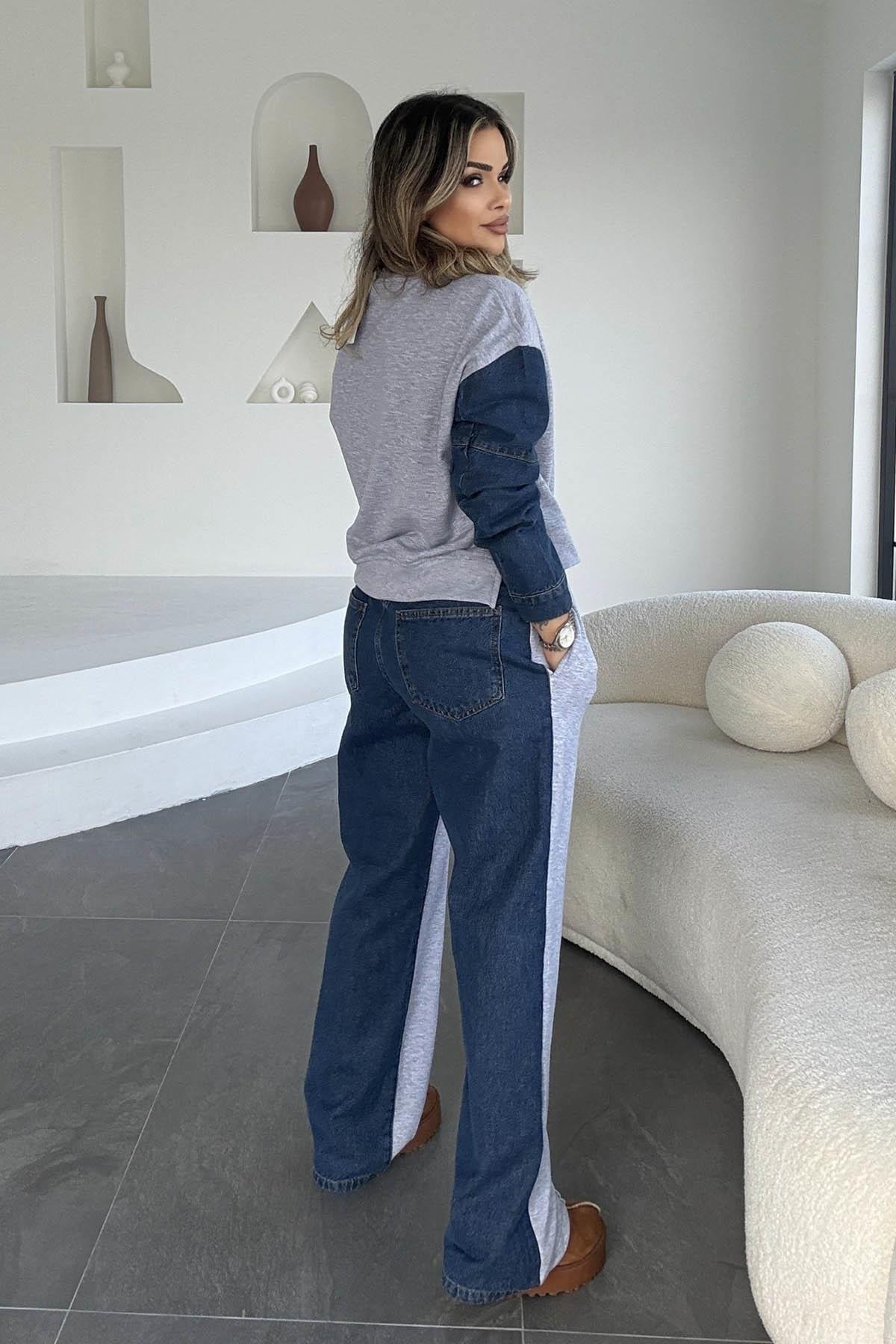 Eswomes Denim Detay Joger Takım Gri