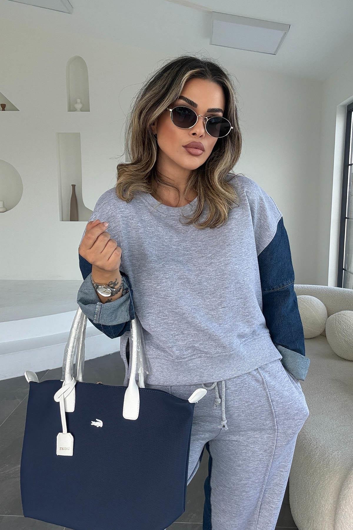 Eswomes Denim Detay Joger Takım Gri