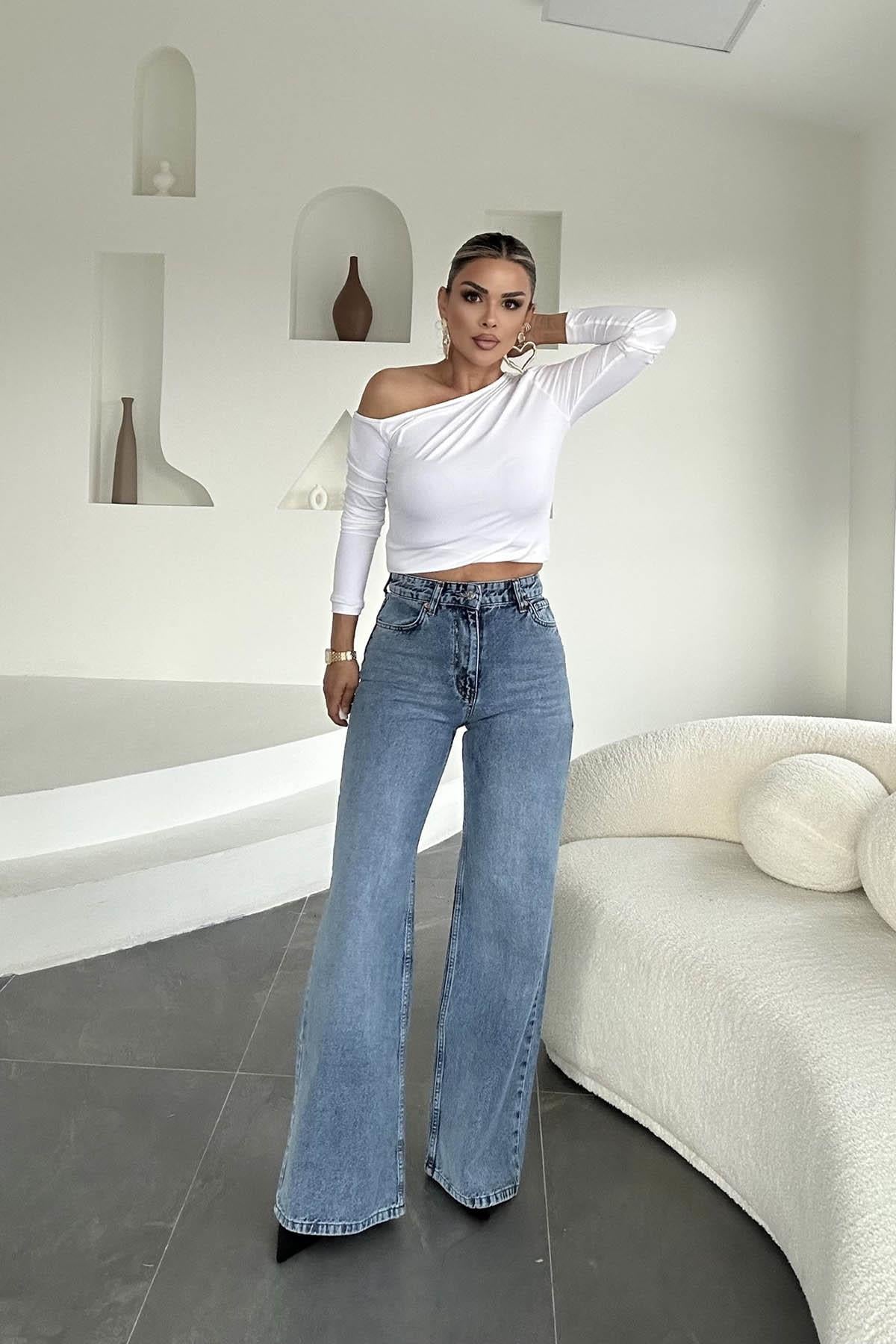 Eswomes Denim Lazer Tasarım Palazzo Pantolon Açık Mavi