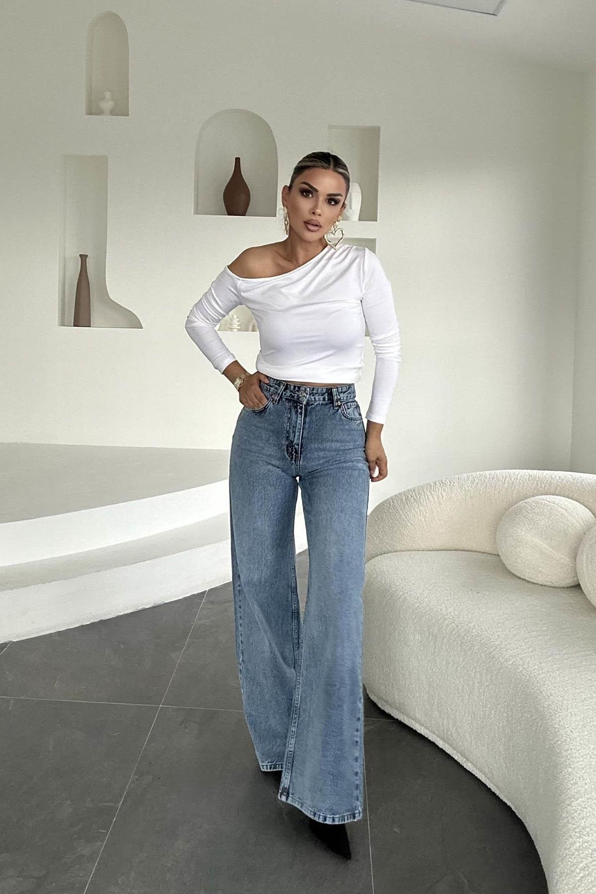 Eswomes Denim Lazer Tasarım Palazzo Pantolon Açık Mavi