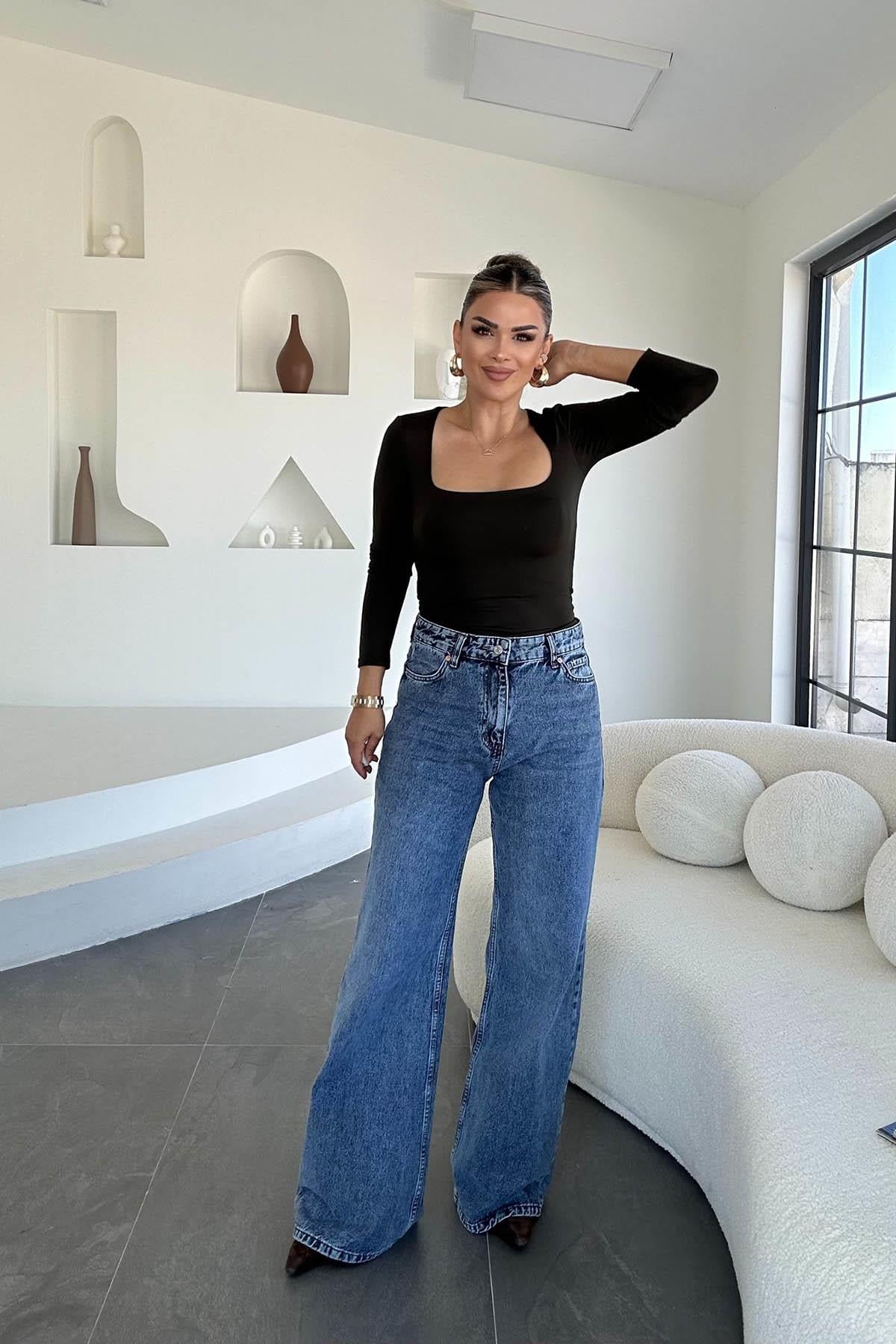 Eswomes Denim Lazer Tasarım Palazzo Pantolon Buz Mavi