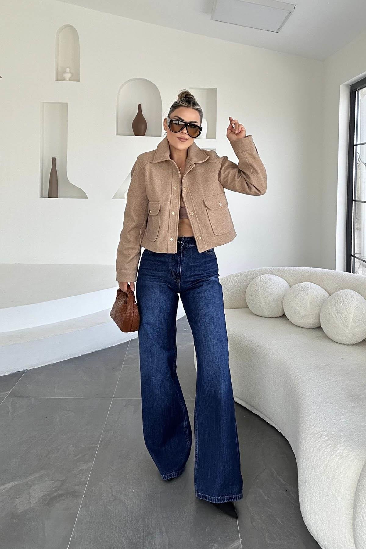 Eswomes Denim Lazer Tasarım Palazzo Pantolon Koyu Mavi
