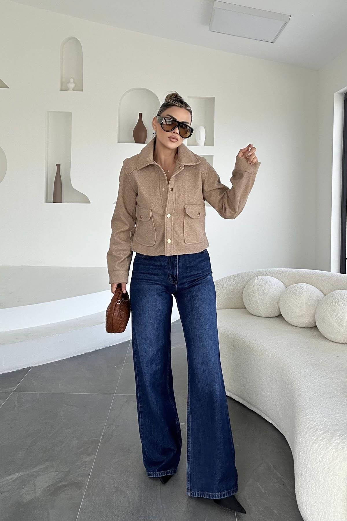 Eswomes Denim Lazer Tasarım Palazzo Pantolon Koyu Mavi