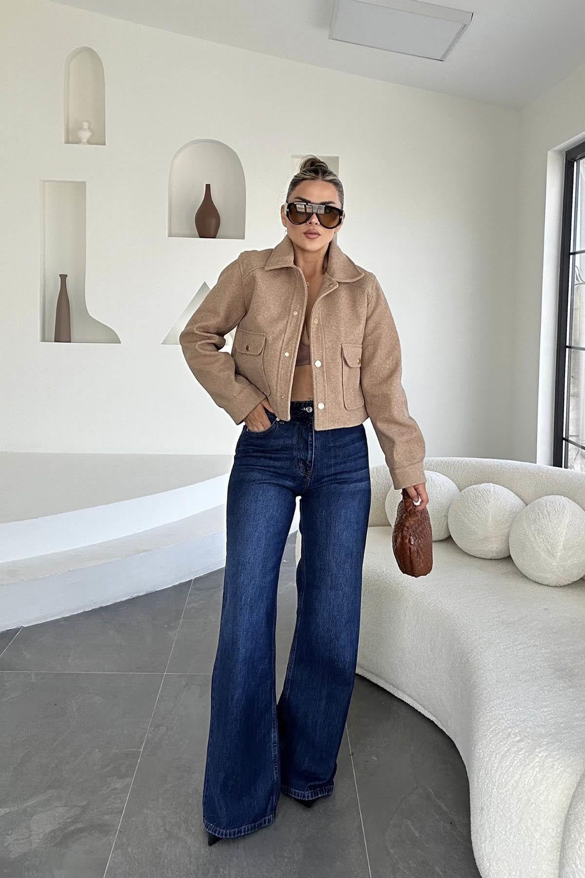 Eswomes Denim Lazer Tasarım Palazzo Pantolon Koyu Mavi
