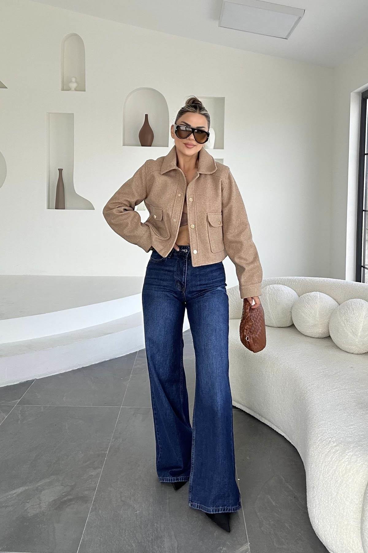 Eswomes Denim Lazer Tasarım Palazzo Pantolon Koyu Mavi