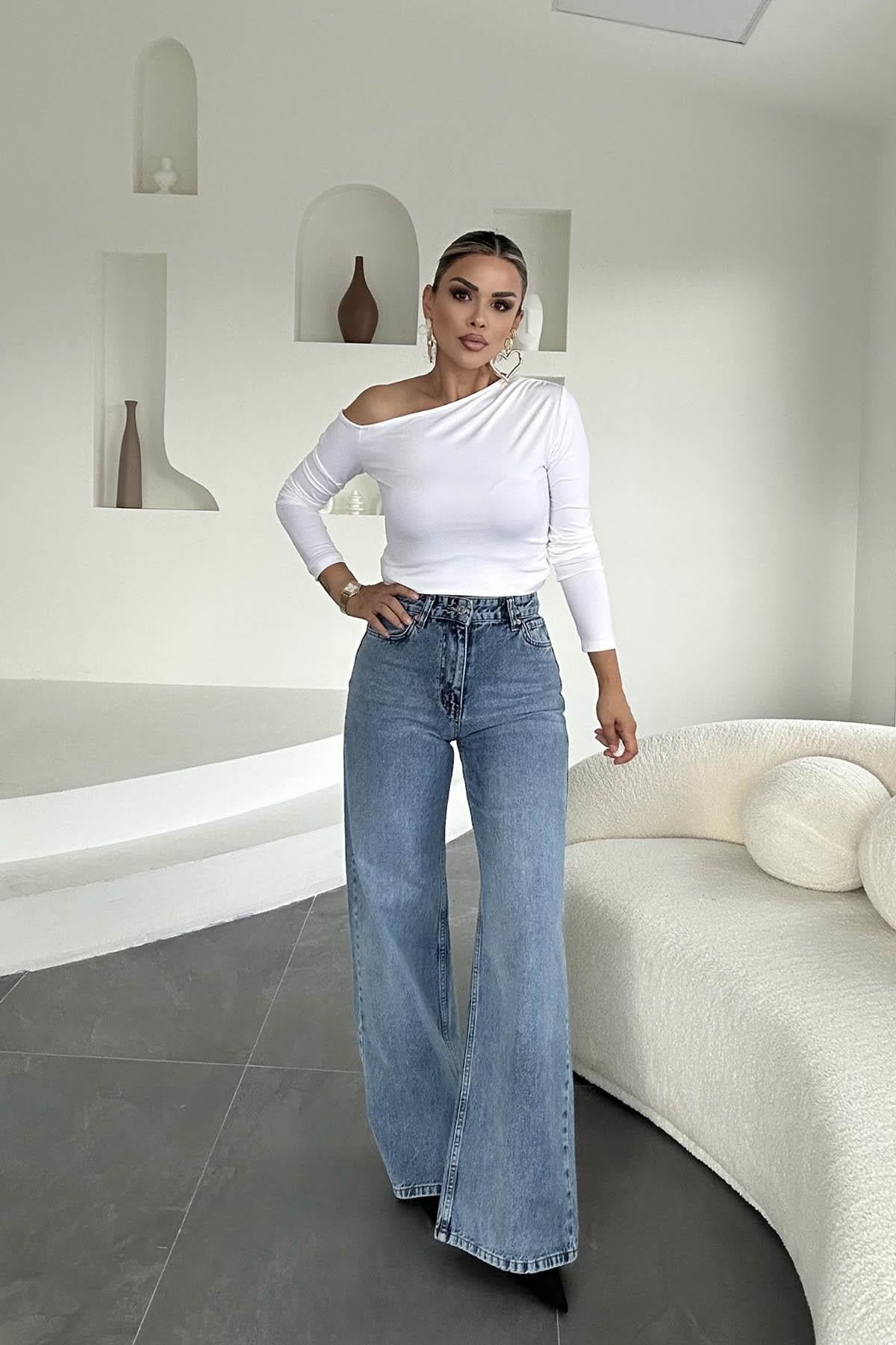 Eswomes Denim Lazer Tasarım Palazzo Pantolon Açık Mavi