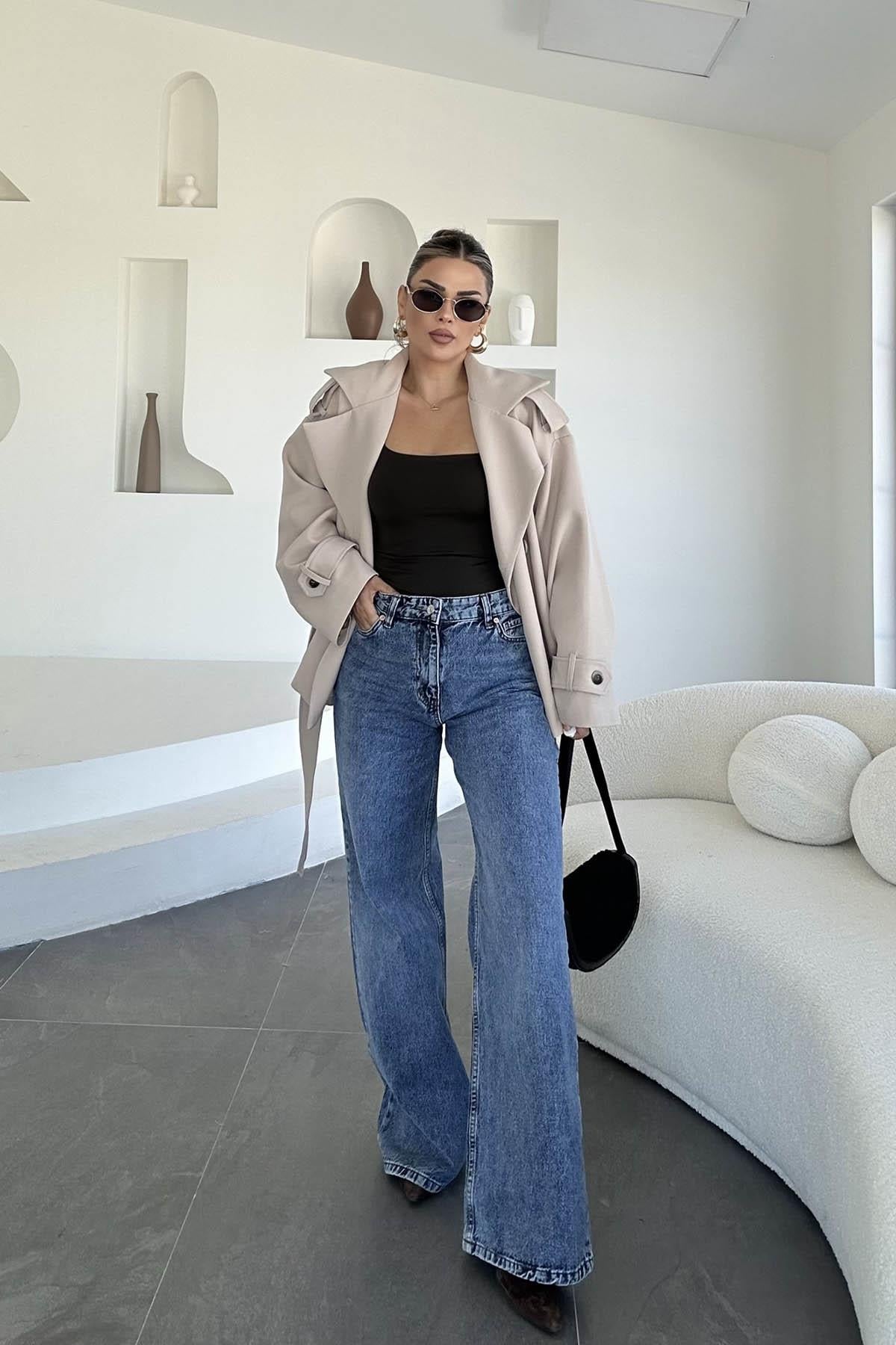 Eswomes Denim Lazer Tasarım Palazzo Pantolon Buz Mavi