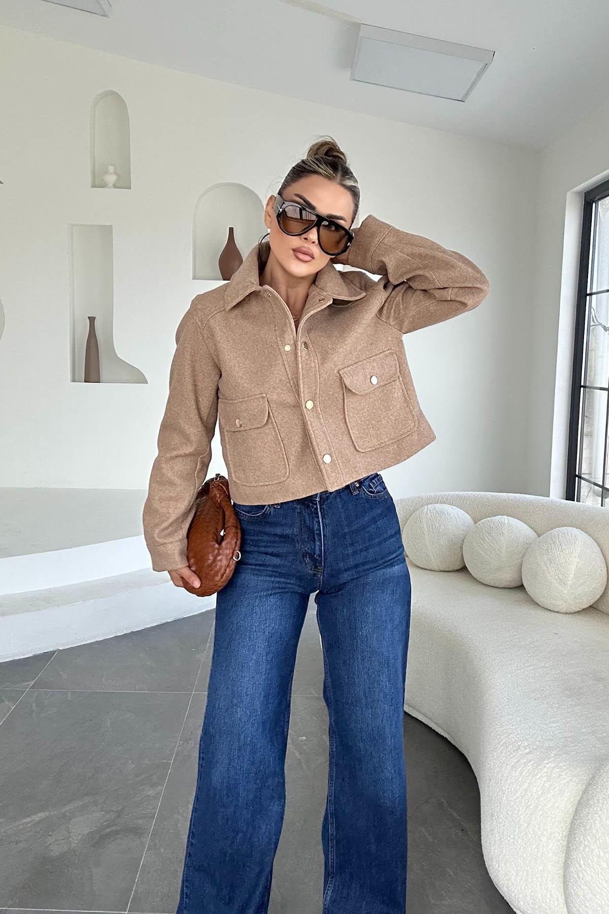 Eswomes Denim Lazer Tasarım Palazzo Pantolon Koyu Mavi