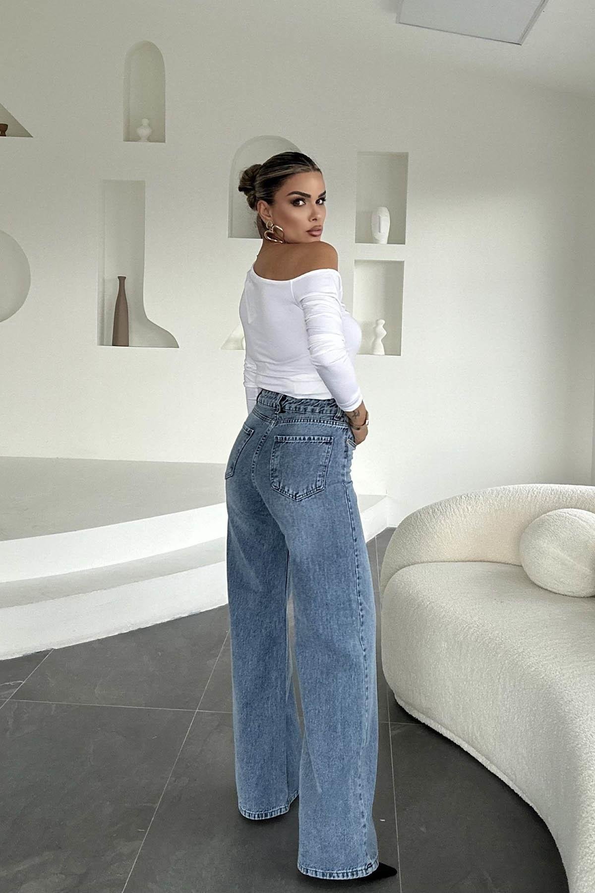 Eswomes Denim Lazer Tasarım Palazzo Pantolon Açık Mavi