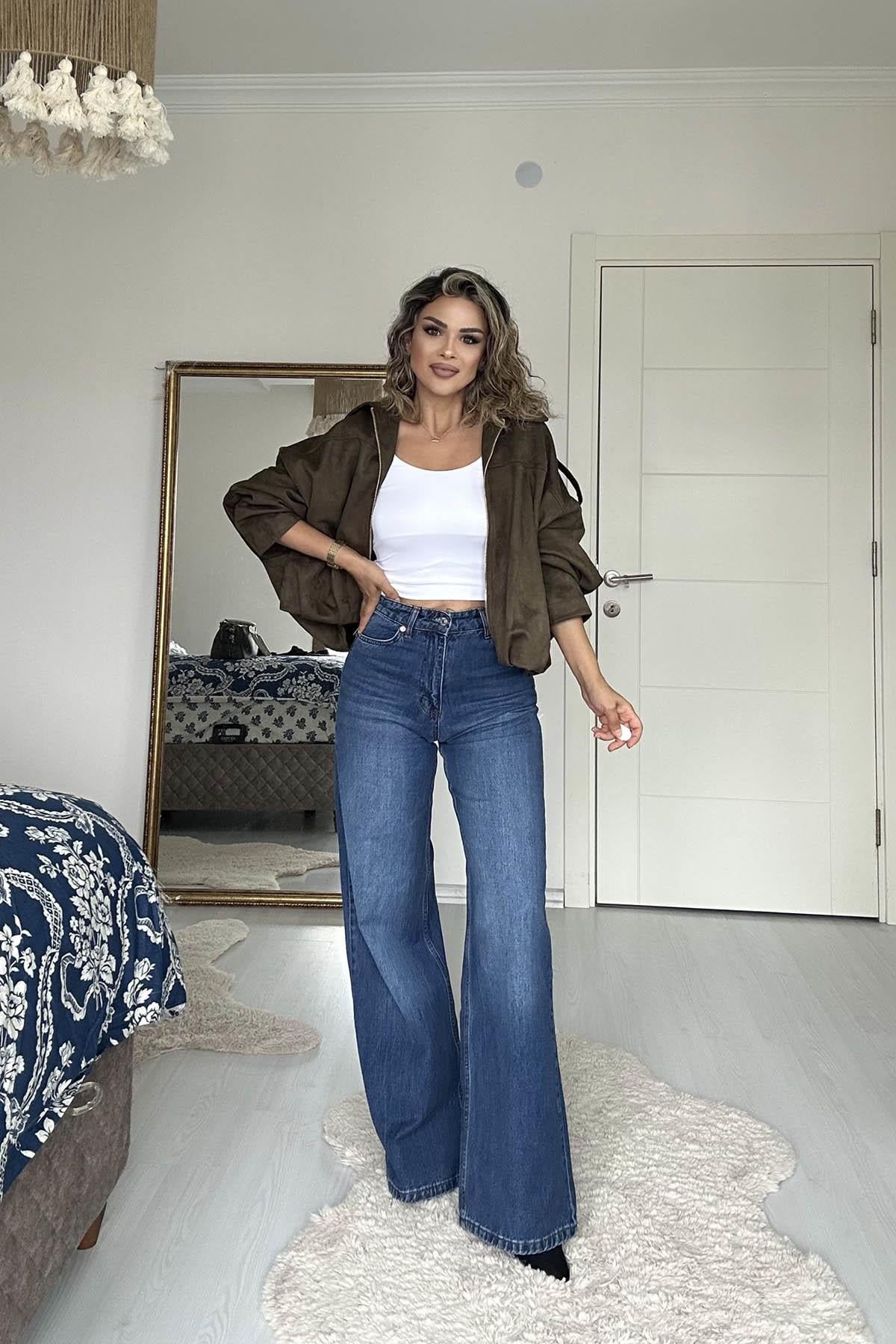 Eswomes Denim Lazer Tasarım Palazzo Pantolon Mavi