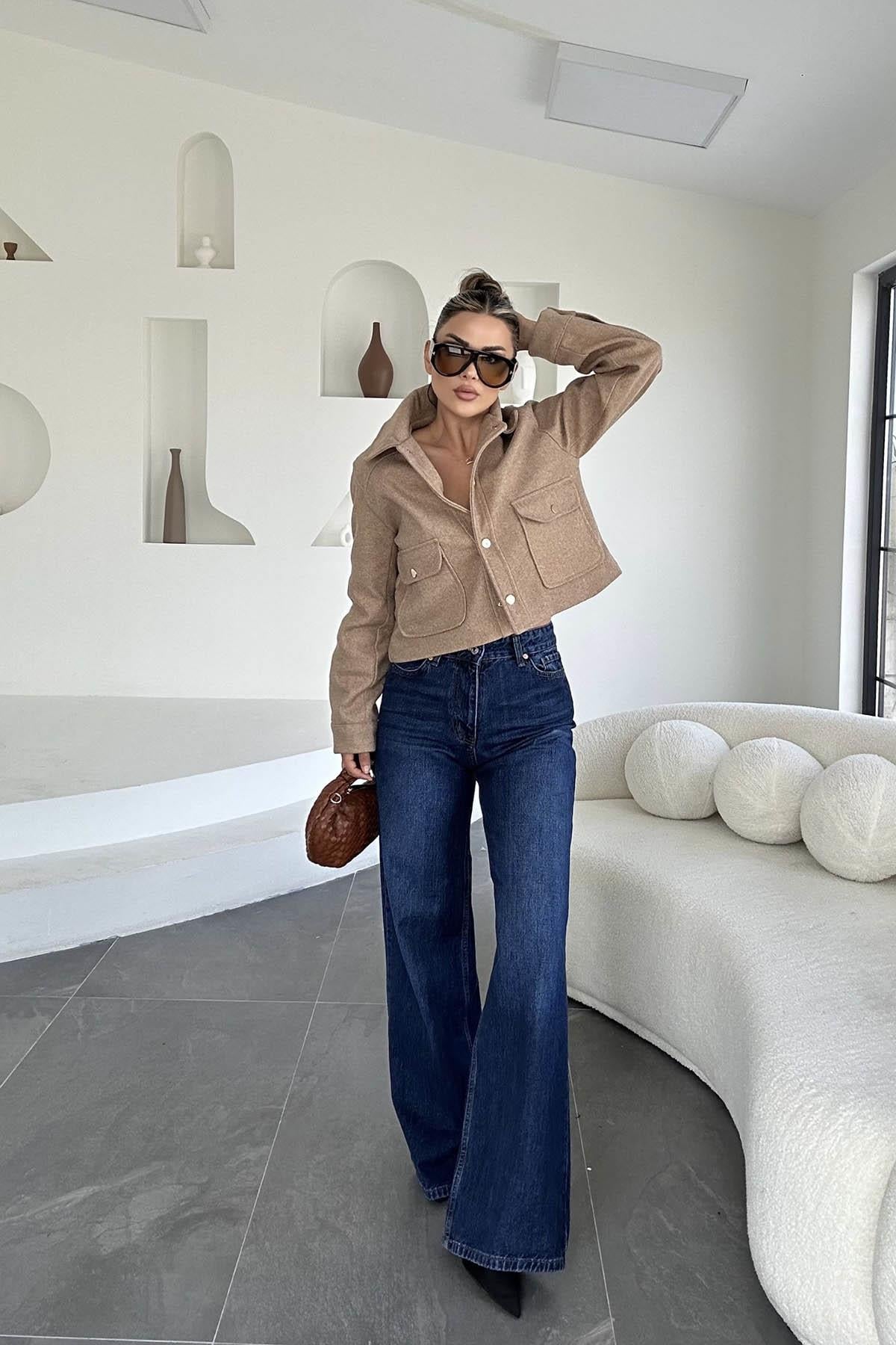 Eswomes Denim Lazer Tasarım Palazzo Pantolon Koyu Mavi
