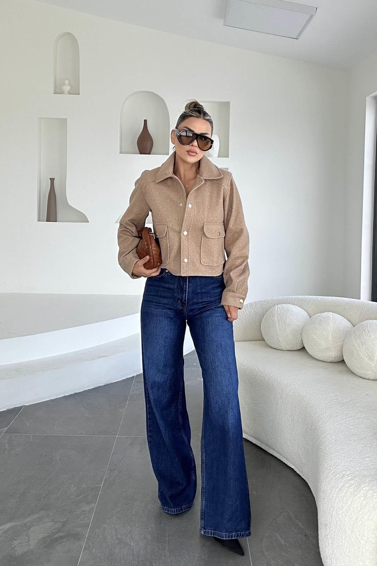 Eswomes Denim Lazer Tasarım Palazzo Pantolon Koyu Mavi