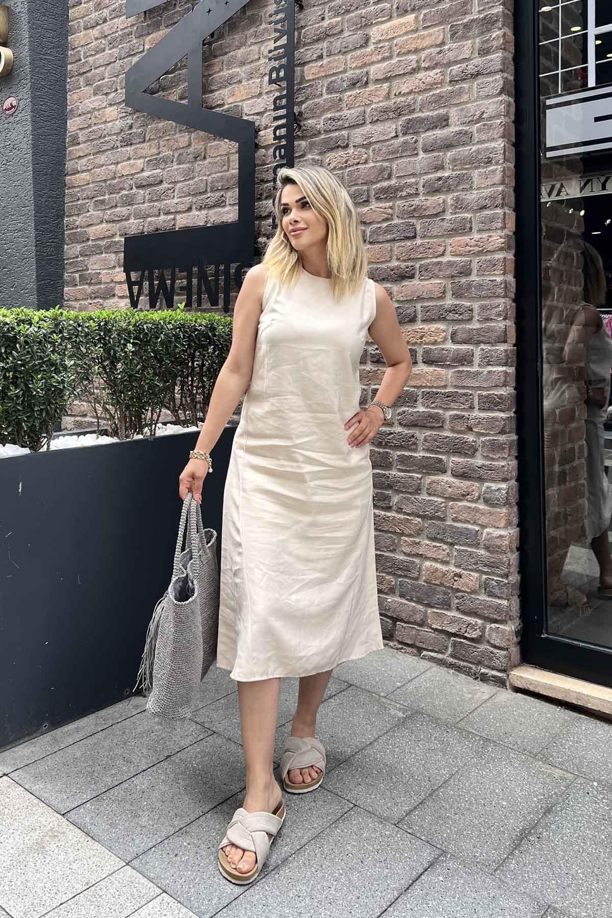 Eswomes Dikiş Detay Midi Boy Elbise Krem