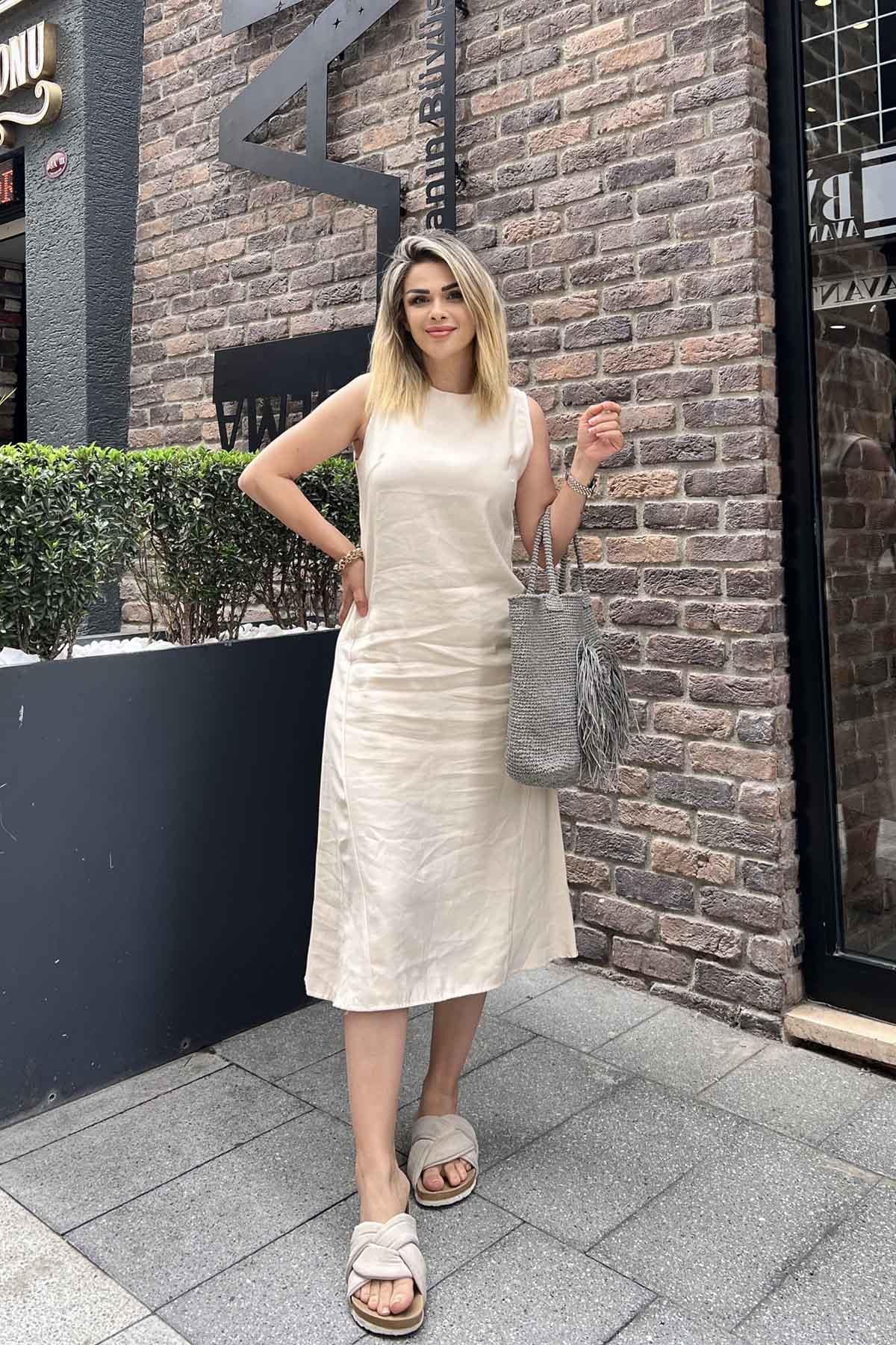 Eswomes Dikiş Detay Midi Boy Elbise Krem