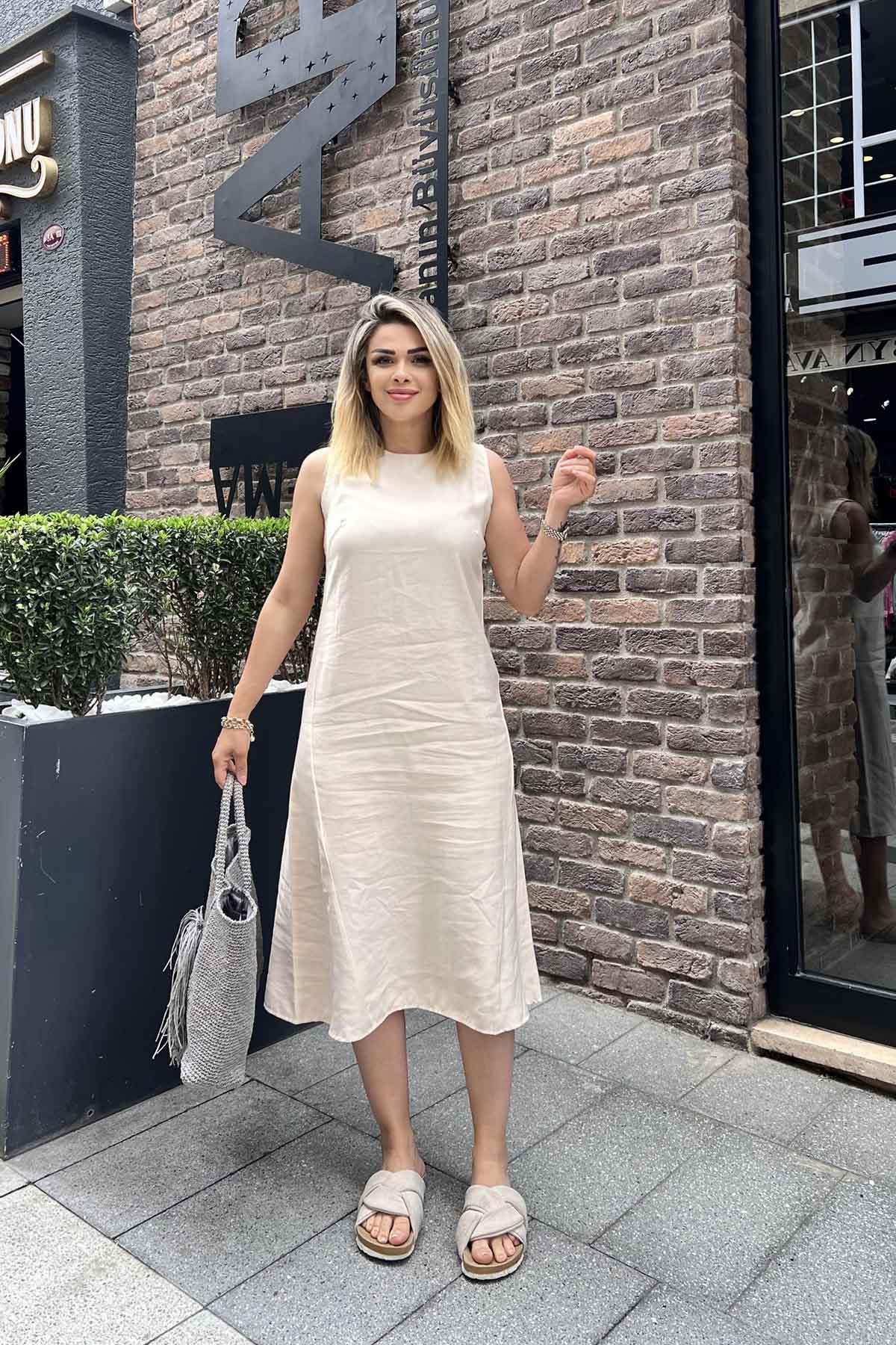 Eswomes Dikiş Detay Midi Boy Elbise Krem