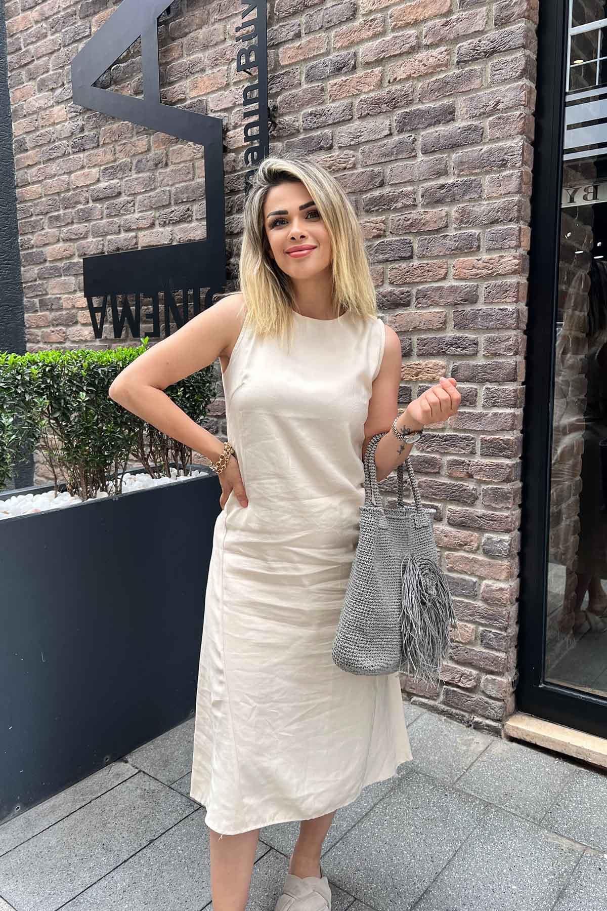 Eswomes Dikiş Detay Midi Boy Elbise Krem