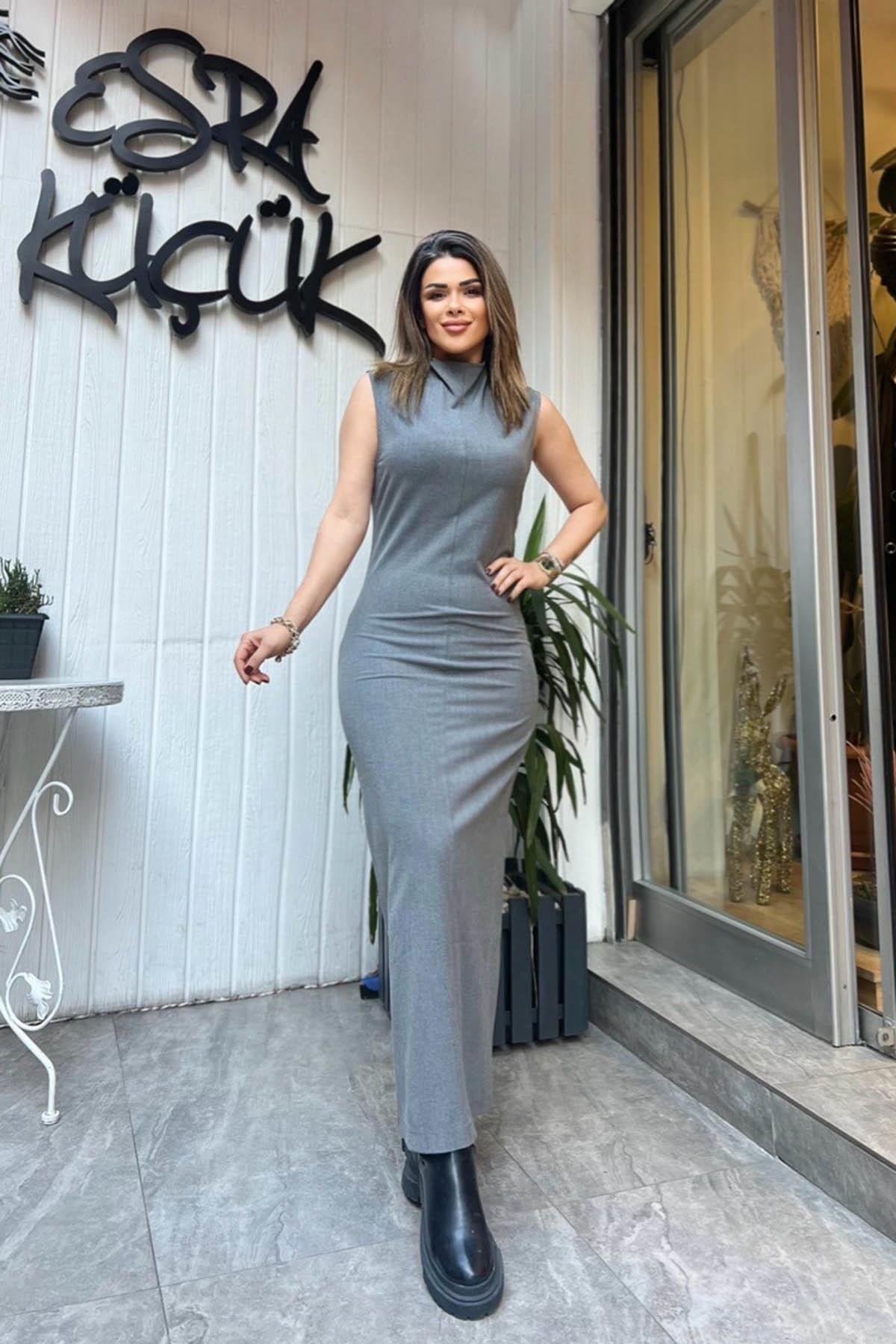 Eswomes Dikiş Detaylı Kalem Elbise Gri