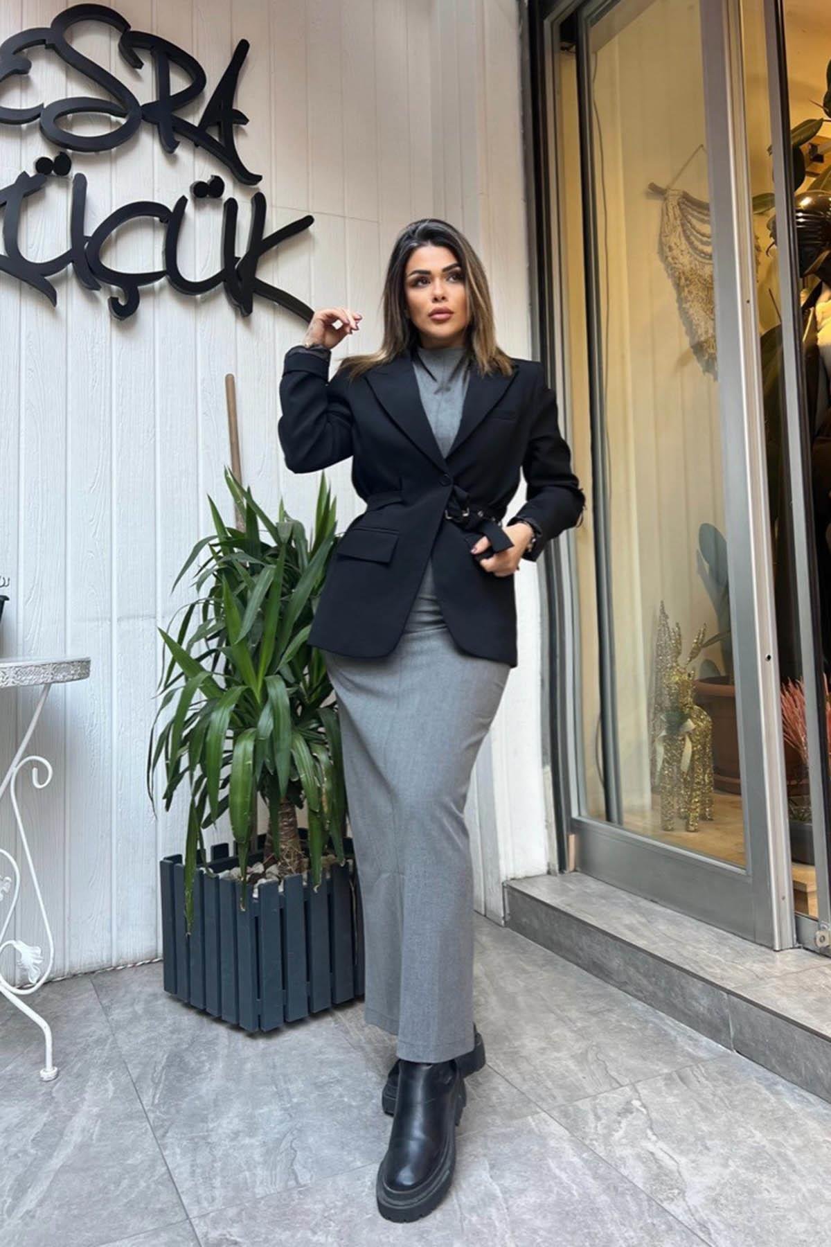 Eswomes Dikiş Detaylı Kalem Elbise Gri