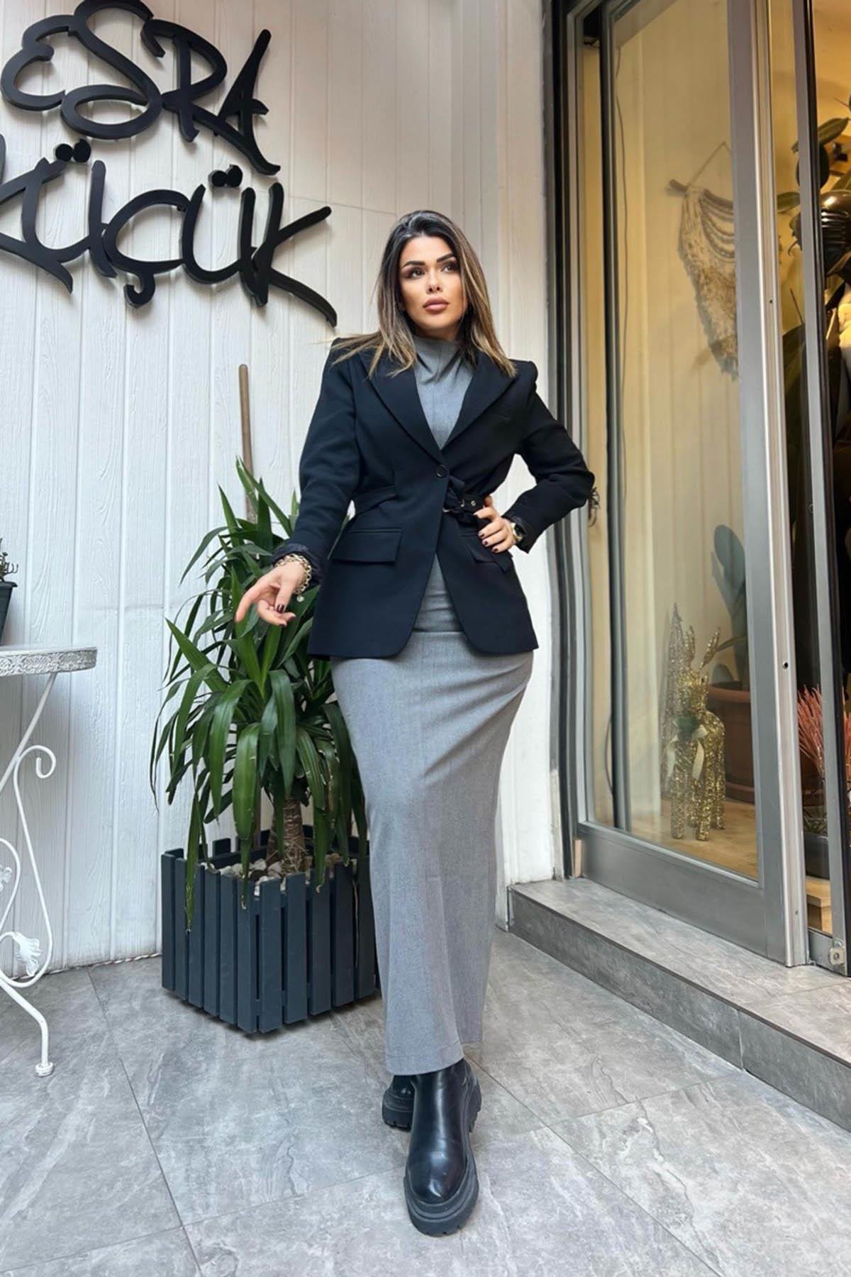 Eswomes Dikiş Detaylı Kalem Elbise Gri