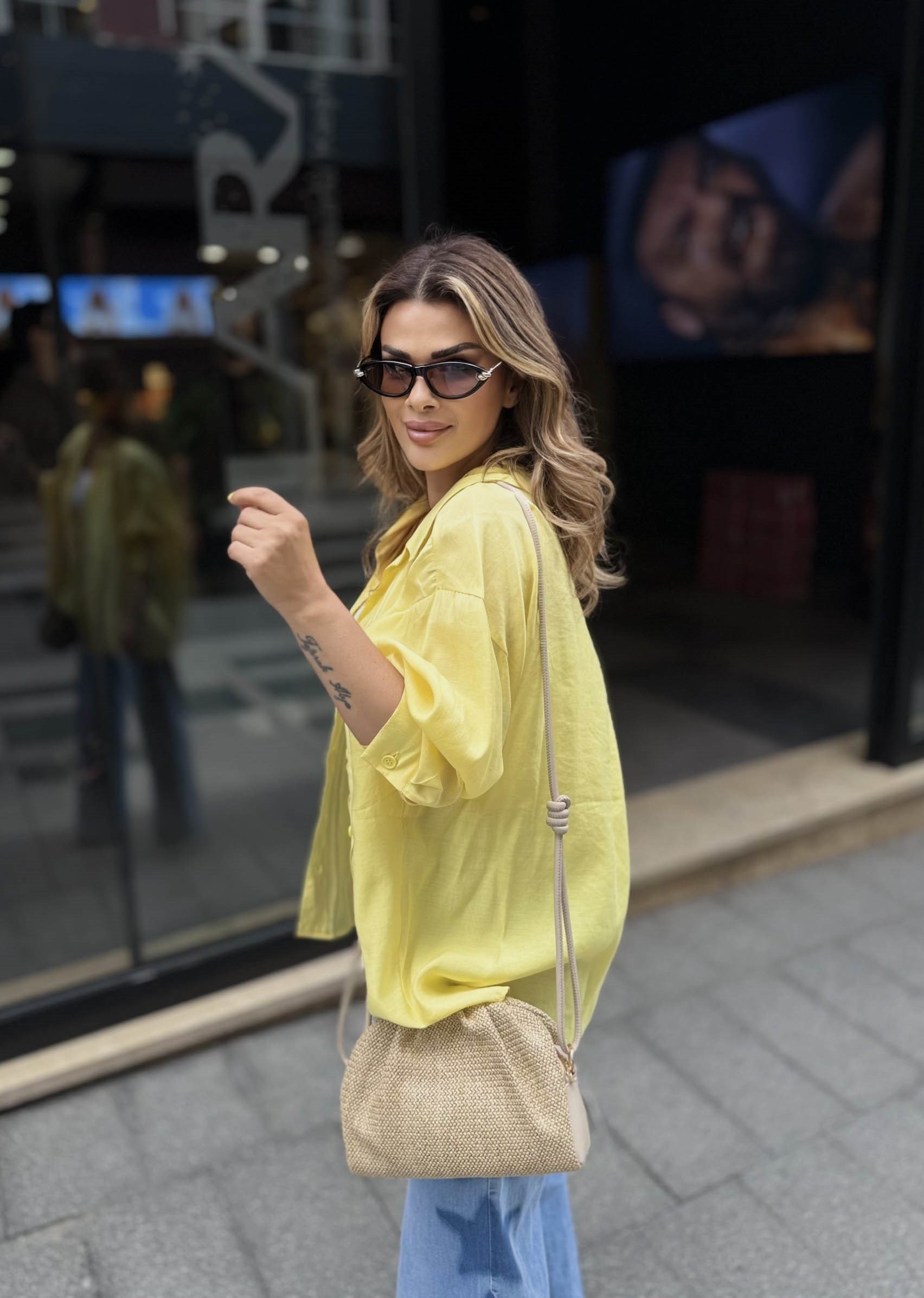 Eswomes Düşük Omuz Oversize Gömlek Sarı